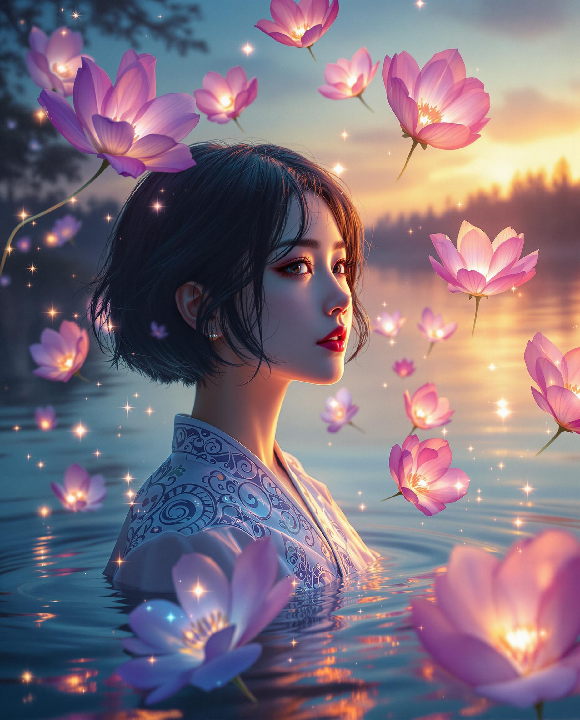 This image is a realistic photo (photograph) of a female real person digital artwork that exudes a surreal and dreamlike quality. The art style is reminiscent of a fantasy genre, with a focus on the interplay of light and shadow to create a sense of depth and dimension.The medium appears to be a digital painting, given the smooth gradients and seamless blending of colors. The image is rich in texture, from the roughness of the girls hair to the soft petals of the flowers.The colors in the image are vibrant and dynamic, with a predominance of purples, blues, and pinks. These colors are complemented by the warm glow of the flowers and the sparkling lights, which add contrast and a sense of otherworldliness. The lighting in the scene is particularly striking, with the sun casting a golden hue over the water and the girls skin, creating a luminous effect.The objects in the image include the girl, who is the central figure. She has short, dark hair and is wearing a traditional garment with intricate patterns. Her expression is serene and introspective, as if she is lost in thought or feeling a deep connection with the surrounding environment. The girl is surrounded by floating flowers, which are illuminated from within, giving them a soft, ethereal quality. The flowers are various shades of pink and purple, with some having a translucent quality that allows the light to pass through. There are also sparkling lights scattered throughout the scene, adding to the magical atmosphere.In the background, there is a body of water reflecting the sky and the lights from the flowers. The waters surface is calm, with gentle ripples that catch the light. Beyond the water, there is a silhouette of trees and a faint outline of the sky, which transitions from a deep blue to a warm orange hue, suggesting the time is either dawn or dusk.Overall, the image is a captivating blend of fantasy, nature, and light, inviting the viewer into a world where reality and imagination merge seamlessly.