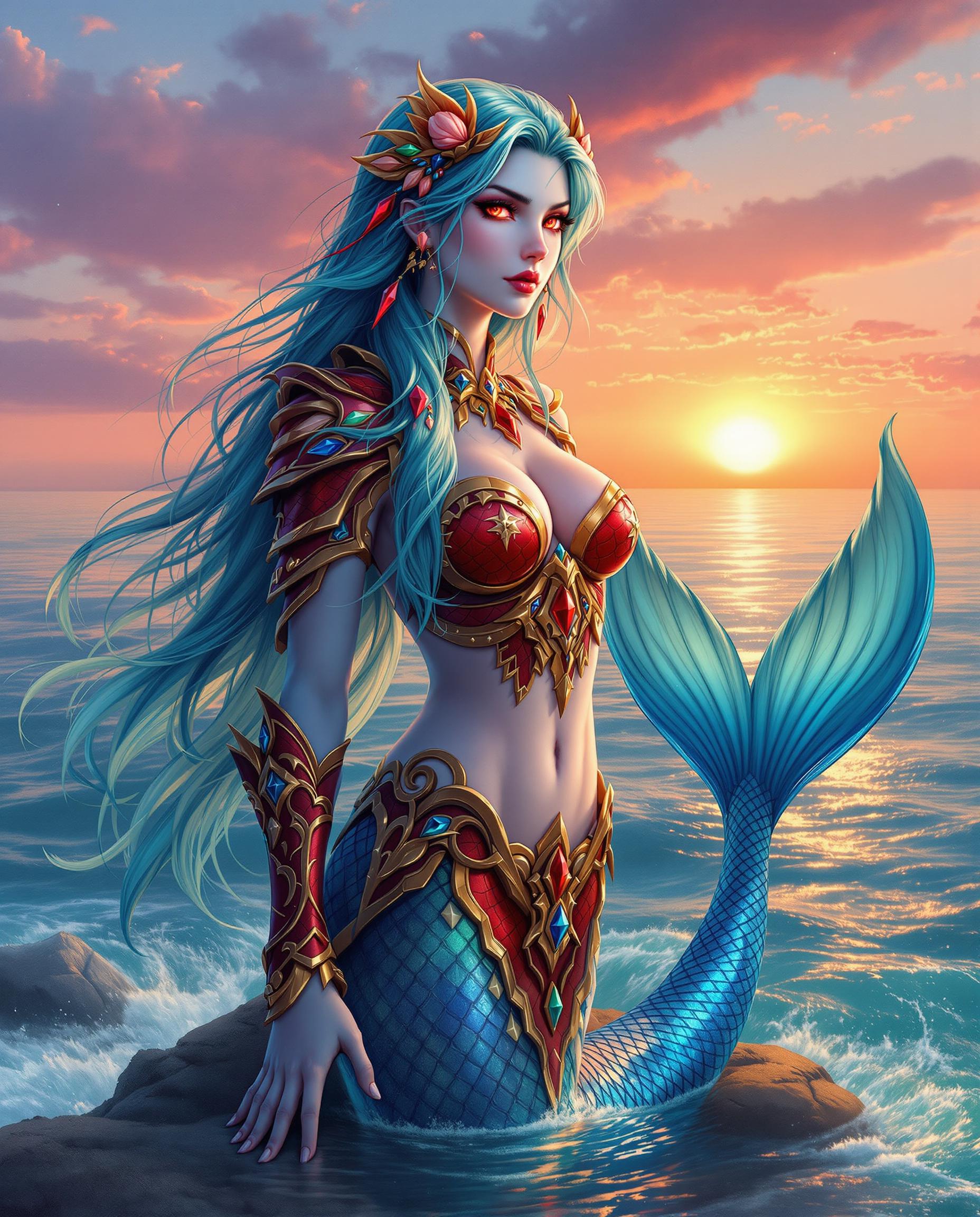 This is a realistic photo (photograph) of a female real person image of a fantastical character that appears to be a mermaid, with a blend of human and aquatic elements. The character is depicted in a dynamic pose, standing on rocky terrain that juts out of the water, with the oceans surface gently lapping around her feet.The mermaid has long, flowing hair that cascades down her back and shoulders, transitioning from a deep, aqua blue at the roots to a lighter, almost turquoise hue at the tips. The hair is adorned with ornate, red and gold accessories that resemble sea shells and seaweed, adding to the mythical allure of the character.Her skin is a pale, icy blue, which contrasts with the warm tones of the setting sun in the background. The mermaids eyes are a striking shade of red, which gives her a fierce and commanding presence. Her gaze is directed off to the side, giving the impression that she is watching something or someone of great interest.She is wearing a detailed, red and gold armor that covers her torso and arms, with intricate designs that suggest scales and aquatic motifs. The armor is adorned with various jewels and crystals, which catch the light and reflect the colors of the ocean. The armor is fitted closely to her body, highlighting her curves and muscular build.The mermaids tail is a shimmering, iridescent blue, with scales that shimmer in the sunlight. The tail flukes out behind her, with the tips curling upwards, as if she is caught in a moment of graceful movement.The background of the image is a stunning sunset, with the sky painted in shades of orange, pink, and purple. The sun is setting behind the horizon, casting a warm glow over the scene and highlighting the silhouette of the mermaid against the vibrant sky. The ocean mirrors the colors of the sunset, with gentle waves and ripples that catch the light.Overall, the art style of the image is digital fantasy, with a high level of detail and attention to color and light. The medium appears to be a digital painting, with a smooth texture and a realistic quality that brings the character and her surroundings to life. The colors are rich and vibrant, with a harmonious blend of cool blues and warm sunset hues that create a visually striking contrast. The objects in the image, such as the mermaids hair, armor, and tail, are intricately designed and rendered, with attention to texture and detail that gives them a lifelike quality.