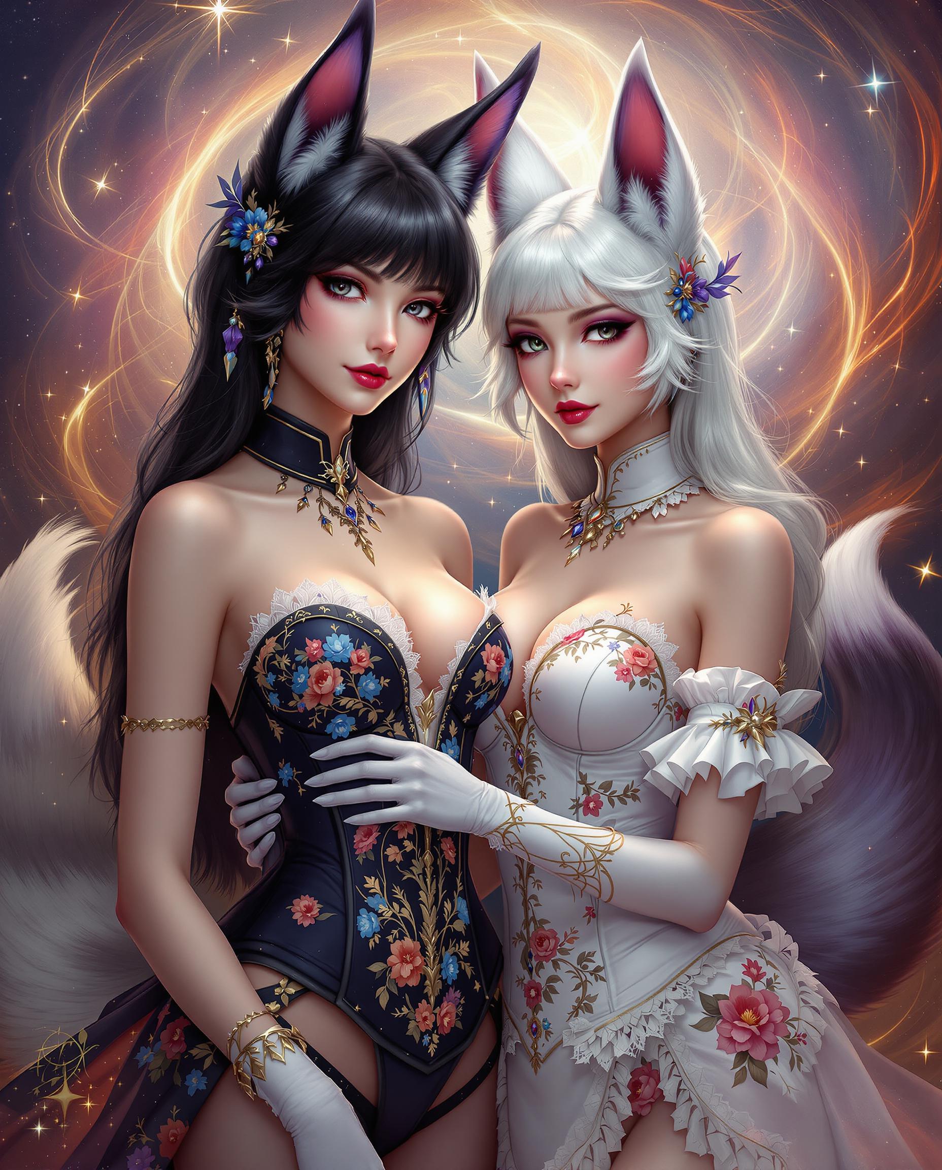 This is a realistic photo (photograph) of a female real person intricate and detailed digital artwork that features two characters with a fantasy aesthetic. The art style is realistic, with a focus on smooth lines, soft shading, and a high level of detail in the clothing and accessories.The medium appears to be a digital painting, given the smooth blending of colors and the lack of texture that might be present in a traditional painting. The use of lighting and shadow is expertly done, creating a sense of depth and dimension in the characters and the background.The colors in the image are rich and vibrant, with a predominance of purples, blues, and pinks in the clothing and accessories. The characters skin tones are a soft, warm flesh color, which contrasts nicely with the cooler colors of their outfits. The use of gold and red accents adds a touch of opulence and highlights the ornate details of their attire.The objects in the image are primarily clothing and accessories. The character on the left is wearing a black corset with a floral pattern in blue, red, and orange. The corset is detailed with lace and gold trim, and the character also wears a pair of white gloves with a similar lace and gold design. The character on the right is adorned in a white outfit with a similar floral pattern, but the colors are more subdued. Both characters have foxlike ears and tails, with the character on the right having white fur and the character on the left having black fur with hints of purple.In the background, there is a cosmic scene with swirling patterns and a fiery glow, suggesting a magical or otherworldly setting. The overall effect is one of fantasy and enchantment, with a strong emphasis on the characters detailed costumes and the dramatic, otherworldly backdrop.
