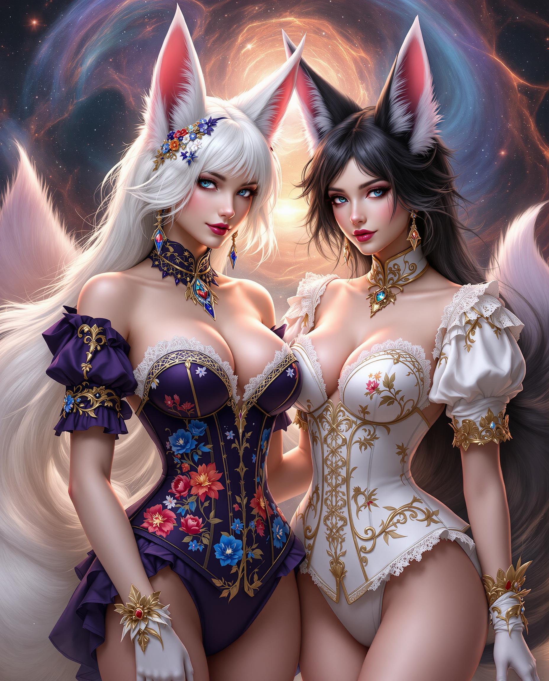 This is a realistic photo (photograph) of a female real person intricate and detailed digital artwork that features two characters with a fantasy aesthetic. The art style is realistic, with a focus on smooth lines, soft shading, and a high level of detail in the clothing and accessories.The medium appears to be a digital painting, given the smooth blending of colors and the lack of texture that might be present in a traditional painting. The use of lighting and shadow is expertly done, creating a sense of depth and dimension in the characters and the background.The colors in the image are rich and vibrant, with a predominance of purples, blues, and pinks in the clothing and accessories. The characters skin tones are a soft, warm flesh color, which contrasts nicely with the cooler colors of their outfits. The use of gold and red accents adds a touch of opulence and highlights the ornate details of their attire.The objects in the image are primarily clothing and accessories. The character on the left is wearing a black corset with a floral pattern in blue, red, and orange. The corset is detailed with lace and gold trim, and the character also wears a pair of white gloves with a similar lace and gold design. The character on the right is adorned in a white outfit with a similar floral pattern, but the colors are more subdued. Both characters have foxlike ears and tails, with the character on the right having white fur and the character on the left having black fur with hints of purple.In the background, there is a cosmic scene with swirling patterns and a fiery glow, suggesting a magical or otherworldly setting. The overall effect is one of fantasy and enchantment, with a strong emphasis on the characters detailed costumes and the dramatic, otherworldly backdrop.