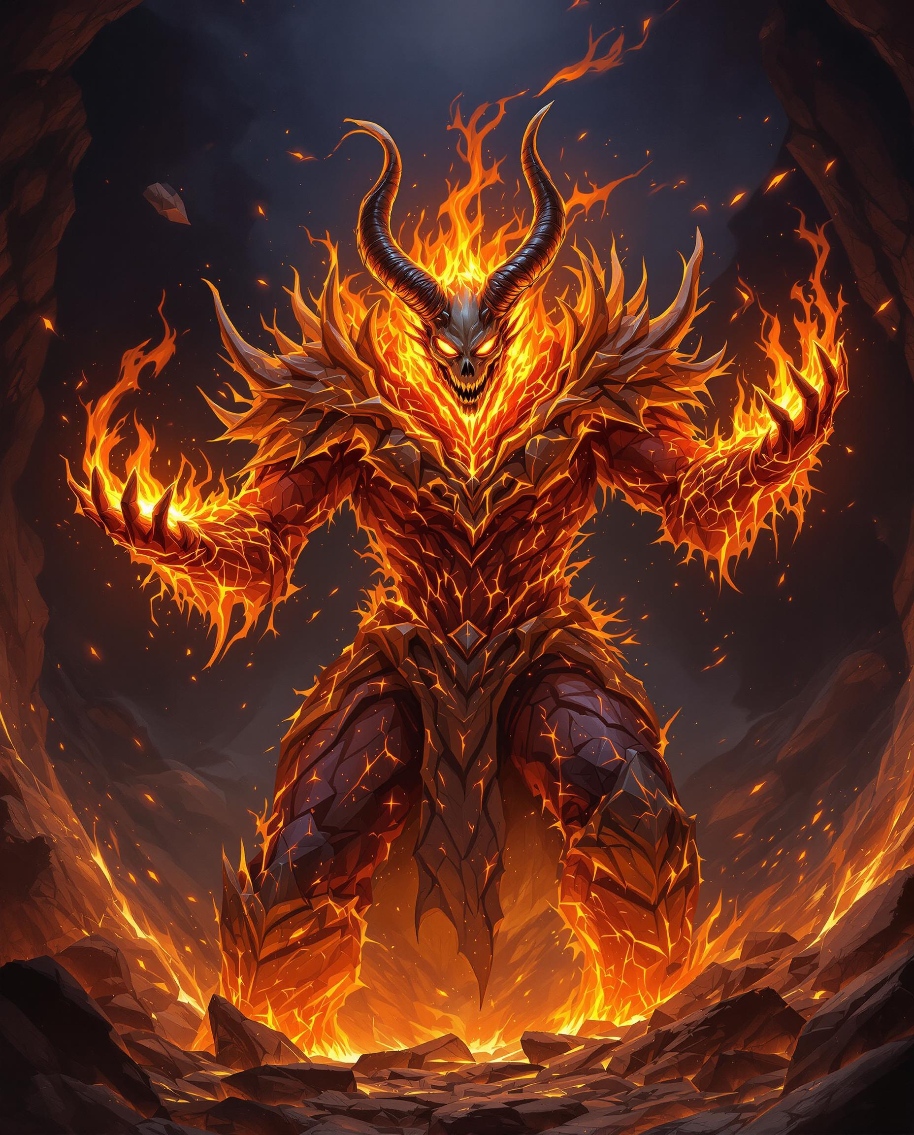 This image is a realistic photo (photograph) of a digital artwork that features a central figure that appears to be a fiery demon or creature. The art style is highly detailed and realistic, with a focus on textures and lighting that give the image a threedimensional quality.The medium used to create this image is digital painting, as evidenced by the smooth gradients and seamless blending of colors. The artist has employed a variety of brush strokes and layering techniques to achieve the intricate details and shading.The colors in the image are primarily warm and fiery tones, with oranges, yellows, and reds dominating the palette. These colors are complemented by cooler blues and purples in the creatures armor and the background, which create a sense of depth and contrast. The use of highlights and shadows adds to the realism, with the creatures face and hands glowing intensely, and the rest of its body casting a fiery glow.The objects in the image include the central fiery creature, which is wearing intricate armor that resembles lava or molten rock. The armor is textured and rugged, with protrusions and spikes that give it a menacing appearance. The creatures face is obscured by a skulllike mask with glowing eyes and sharp horns that curve backward. Its hands are raised, with fingers spread wide, and it appears to be channeling or controlling the flames that surround it.In the background, there is a chaotic scene filled with flying embers, sparks, and shattered rock formations. The background is dark and ominous, with a sense of depth created by the layering of the rocks and the swirling patterns of fire. The overall effect is one of power and ferocity, as the creature seems to be the embodiment of destruction and chaos.