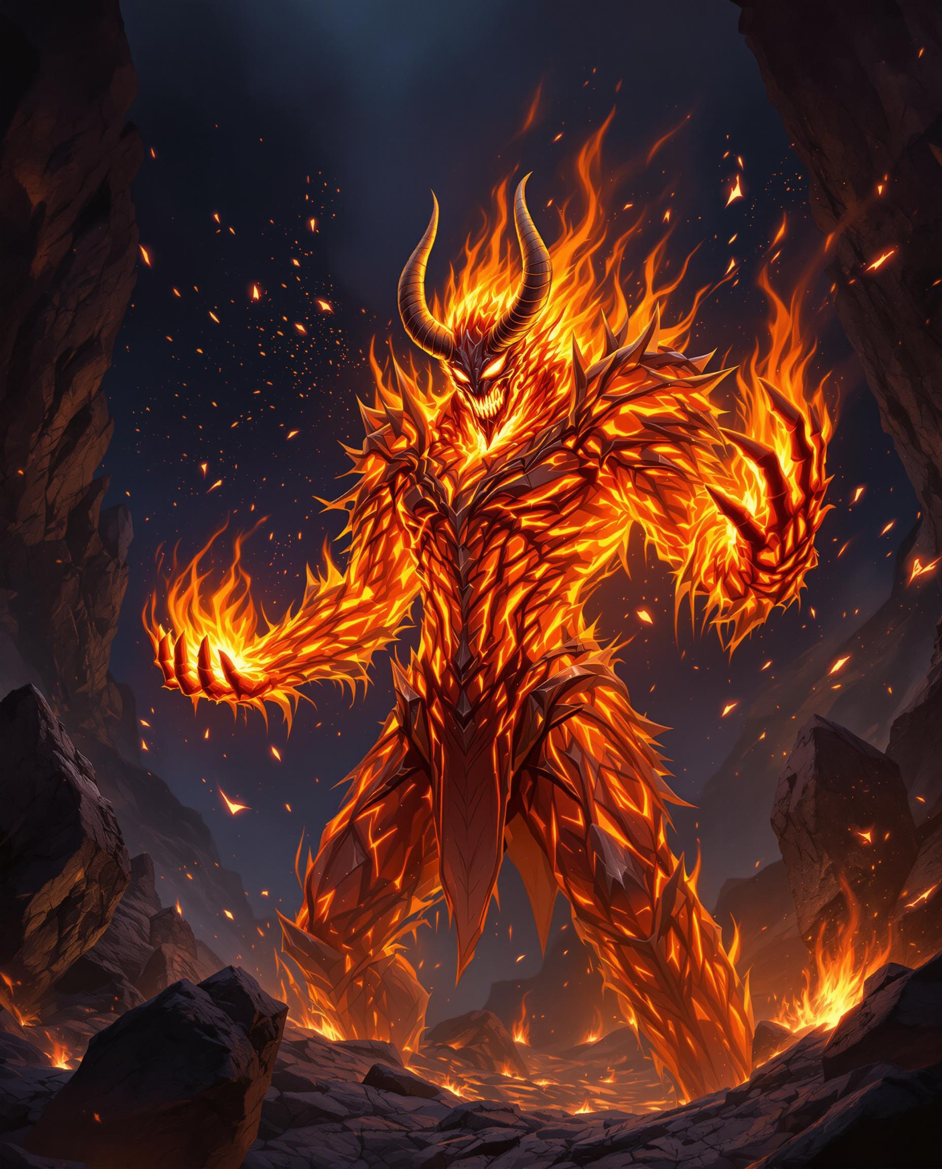 This image is a realistic photo (photograph) of a digital artwork that features a central figure that appears to be a fiery demon or creature. The art style is highly detailed and realistic, with a focus on textures and lighting that give the image a threedimensional quality.The medium used to create this image is digital painting, as evidenced by the smooth gradients and seamless blending of colors. The artist has employed a variety of brush strokes and layering techniques to achieve the intricate details and shading.The colors in the image are primarily warm and fiery tones, with oranges, yellows, and reds dominating the palette. These colors are complemented by cooler blues and purples in the creatures armor and the background, which create a sense of depth and contrast. The use of highlights and shadows adds to the realism, with the creatures face and hands glowing intensely, and the rest of its body casting a fiery glow.The objects in the image include the central fiery creature, which is wearing intricate armor that resembles lava or molten rock. The armor is textured and rugged, with protrusions and spikes that give it a menacing appearance. The creatures face is obscured by a skulllike mask with glowing eyes and sharp horns that curve backward. Its hands are raised, with fingers spread wide, and it appears to be channeling or controlling the flames that surround it.In the background, there is a chaotic scene filled with flying embers, sparks, and shattered rock formations. The background is dark and ominous, with a sense of depth created by the layering of the rocks and the swirling patterns of fire. The overall effect is one of power and ferocity, as the creature seems to be the embodiment of destruction and chaos.