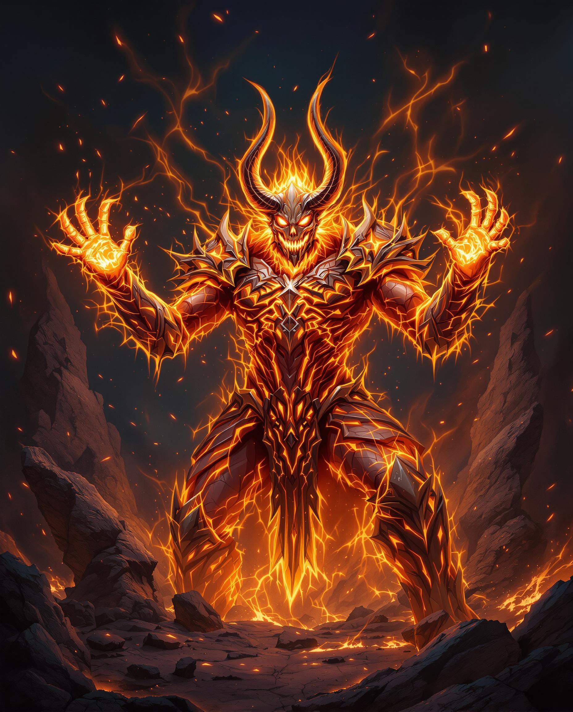 This image is a realistic photo (photograph) of a digital artwork that features a central figure that appears to be a fiery demon or creature. The art style is highly detailed and realistic, with a focus on textures and lighting that give the image a threedimensional quality.The medium used to create this image is digital painting, as evidenced by the smooth gradients and seamless blending of colors. The artist has employed a variety of brush strokes and layering techniques to achieve the intricate details and shading.The colors in the image are primarily warm and fiery tones, with oranges, yellows, and reds dominating the palette. These colors are complemented by cooler blues and purples in the creatures armor and the background, which create a sense of depth and contrast. The use of highlights and shadows adds to the realism, with the creatures face and hands glowing intensely, and the rest of its body casting a fiery glow.The objects in the image include the central fiery creature, which is wearing intricate armor that resembles lava or molten rock. The armor is textured and rugged, with protrusions and spikes that give it a menacing appearance. The creatures face is obscured by a skulllike mask with glowing eyes and sharp horns that curve backward. Its hands are raised, with fingers spread wide, and it appears to be channeling or controlling the flames that surround it.In the background, there is a chaotic scene filled with flying embers, sparks, and shattered rock formations. The background is dark and ominous, with a sense of depth created by the layering of the rocks and the swirling patterns of fire. The overall effect is one of power and ferocity, as the creature seems to be the embodiment of destruction and chaos.