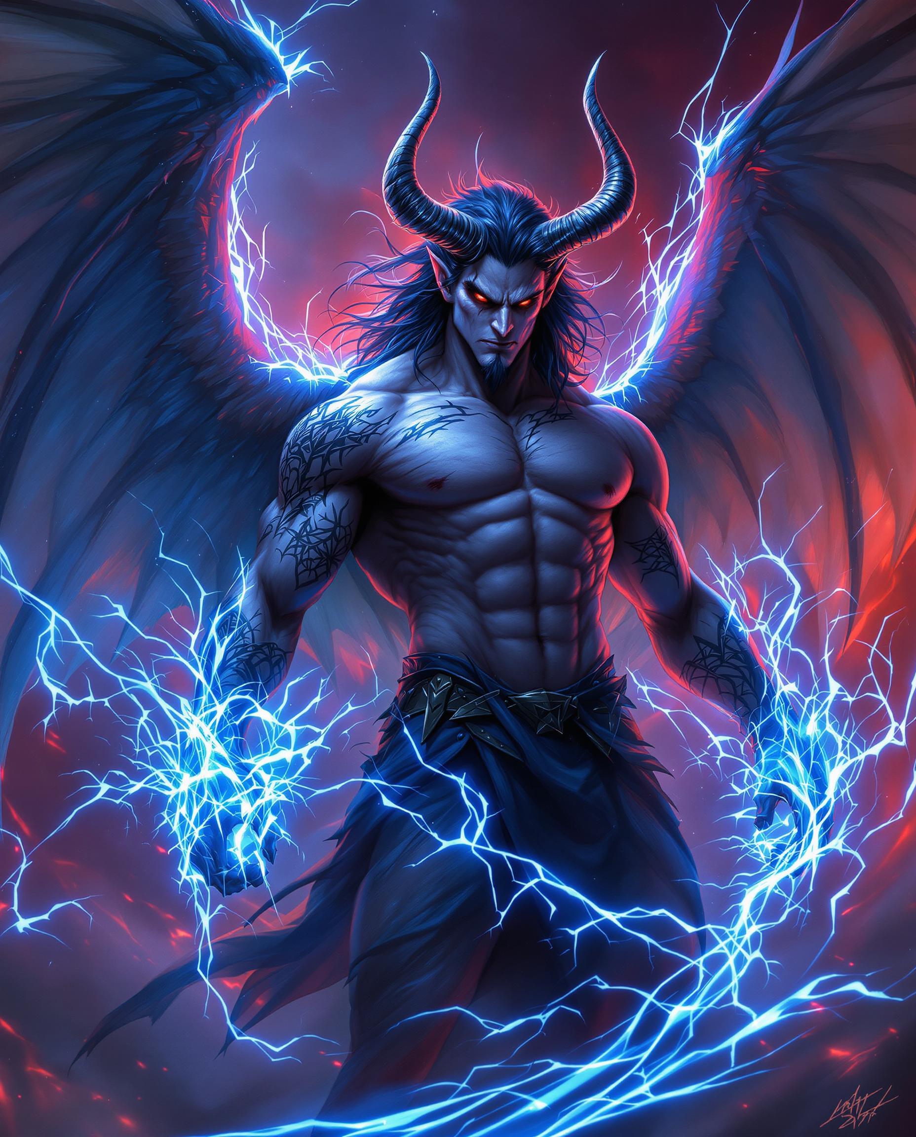 This is a realistic photo (photograph) of a male demon image that exudes a sense of fantasy and power, featuring a character that appears to be a demon or a powerful entity. The art style is reminiscent of digital fantasy art, with a focus on detailed textures and a cinematic quality.The medium appears to be digital painting, given the smooth blending of colors and the lack of brush strokes. The use of lighting and shadow is masterful, creating a sense of depth and drama in the scene.The colors are vivid and dynamic, with a predominance of blues and purples that give the image a cool, otherworldly feel. The fiery reds and oranges in the background create a stark contrast, adding to the sense of chaos and power. The use of highlights and shadows in the characters skin and clothing gives it a realistic texture, while the wings and the energy effects are rendered with a more fantastical flair.The objects in the image are primarily the characters body and wings. The character has long, flowing hair and horns that curve back, giving off a sense of movement. The wings are expansive and feathered, with a translucent quality that allows the light to pass through, creating a ghostly effect. The characters muscular physique is welldefined, with intricate tattoos covering the skin. The energy effects around the character are swirling and electric, with streaks of light and dark that suggest a powerful magical force.Overall, the image is a compelling blend of fantasy and power, with a focus on detailed textures and a cinematic quality. The use of color and lighting is masterful, creating a sense of depth and drama in the scene.
