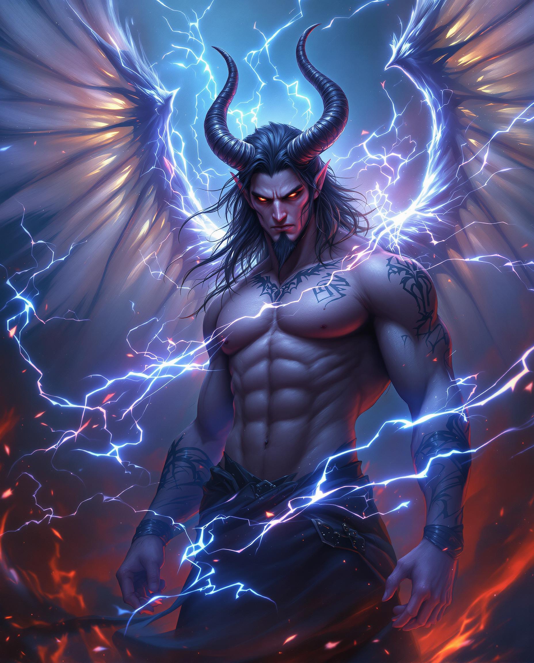 This is a realistic photo (photograph) of a male demon image that exudes a sense of fantasy and power, featuring a character that appears to be a demon or a powerful entity. The art style is reminiscent of digital fantasy art, with a focus on detailed textures and a cinematic quality.The medium appears to be digital painting, given the smooth blending of colors and the lack of brush strokes. The use of lighting and shadow is masterful, creating a sense of depth and drama in the scene.The colors are vivid and dynamic, with a predominance of blues and purples that give the image a cool, otherworldly feel. The fiery reds and oranges in the background create a stark contrast, adding to the sense of chaos and power. The use of highlights and shadows in the characters skin and clothing gives it a realistic texture, while the wings and the energy effects are rendered with a more fantastical flair.The objects in the image are primarily the characters body and wings. The character has long, flowing hair and horns that curve back, giving off a sense of movement. The wings are expansive and feathered, with a translucent quality that allows the light to pass through, creating a ghostly effect. The characters muscular physique is welldefined, with intricate tattoos covering the skin. The energy effects around the character are swirling and electric, with streaks of light and dark that suggest a powerful magical force.Overall, the image is a compelling blend of fantasy and power, with a focus on detailed textures and a cinematic quality. The use of color and lighting is masterful, creating a sense of depth and drama in the scene.
