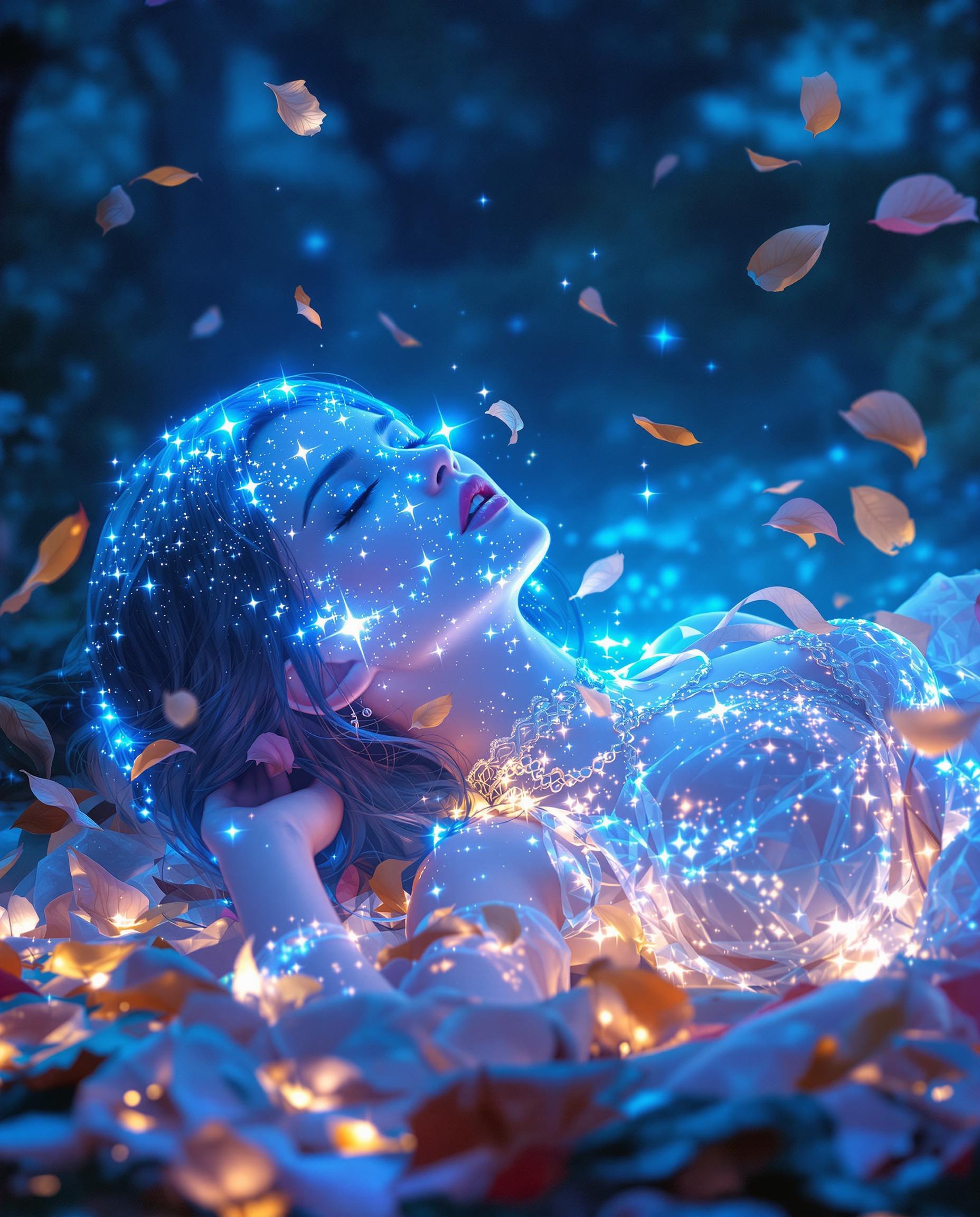 This image is a realistic photo (photograph) of a female real person digital artwork that exudes a surreal and otherworldly atmosphere. The art style is reminiscent of digital painting with a touch of fantasy, utilizing vibrant colors and intricate details to create a visually striking and immersive scene.The medium appears to be a digital painting software, which allows for a high level of detail and color saturation. The use of light and shadow is masterfully executed, giving the image depth and dimension.The colors in the image are predominantly cool tones, with shades of blue and purple creating a nighttime or nocturnal setting. The interplay of light and dark blue hues gives the image a sense of depth and adds to the mystical ambiance. There are also hints of warm tones, such as oranges and yellows, which provide contrast and highlight specific elements within the composition.The objects in the image are numerous and contribute to the overall fantastical feel. At the forefront, we see a figure lying on the ground, their body partially obscured by a translucent, sparkling substance that resembles a celestial body or a magical glow. The figures hair and clothing are illuminated by this light, creating a shimmering effect that adds to the ethereal quality of the scene.The figures clothing is detailed with lace and straps, adding a touch of elegance and intricacy to the overall design. The texture of the clothing is rendered with a high level of realism, with the fabric appearing soft and flexible.Around the figure, there are scattered petals and leaves, which float in the air and add to the dreamlike quality of the scene. These elements are illuminated by the same light source, creating a sense of floating motion and adding to the magical atmosphere.In the background, there is a blurred landscape that suggests a natural setting, possibly a forest or a garden. The trees and foliage are rendered with a soft focus, contributing to the dreamy and surreal nature of the image.Overall, the image is a captivating blend of fantasy and digital artistry, utilizing vibrant colors, intricate details, and a masterful use of light and shadow to create a visually stunning and immersive scene.