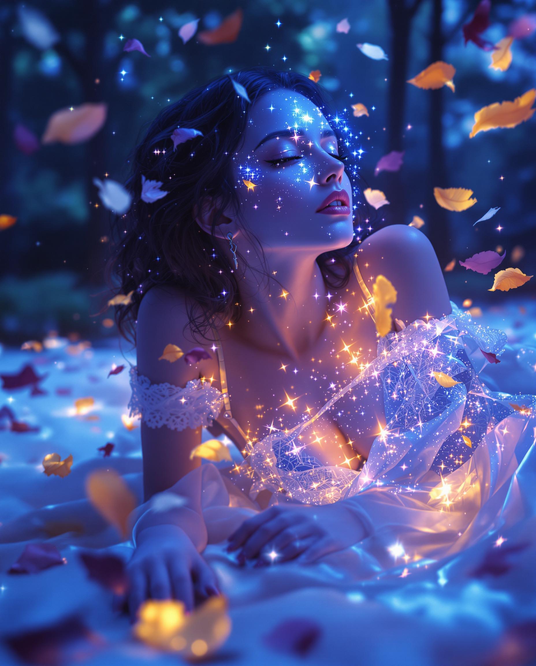 This image is a realistic photo (photograph) of a female real person digital artwork that exudes a surreal and otherworldly atmosphere. The art style is reminiscent of digital painting with a touch of fantasy, utilizing vibrant colors and intricate details to create a visually striking and immersive scene.The medium appears to be a digital painting software, which allows for a high level of detail and color saturation. The use of light and shadow is masterfully executed, giving the image depth and dimension.The colors in the image are predominantly cool tones, with shades of blue and purple creating a nighttime or nocturnal setting. The interplay of light and dark blue hues gives the image a sense of depth and adds to the mystical ambiance. There are also hints of warm tones, such as oranges and yellows, which provide contrast and highlight specific elements within the composition.The objects in the image are numerous and contribute to the overall fantastical feel. At the forefront, we see a figure lying on the ground, their body partially obscured by a translucent, sparkling substance that resembles a celestial body or a magical glow. The figures hair and clothing are illuminated by this light, creating a shimmering effect that adds to the ethereal quality of the scene.The figures clothing is detailed with lace and straps, adding a touch of elegance and intricacy to the overall design. The texture of the clothing is rendered with a high level of realism, with the fabric appearing soft and flexible.Around the figure, there are scattered petals and leaves, which float in the air and add to the dreamlike quality of the scene. These elements are illuminated by the same light source, creating a sense of floating motion and adding to the magical atmosphere.In the background, there is a blurred landscape that suggests a natural setting, possibly a forest or a garden. The trees and foliage are rendered with a soft focus, contributing to the dreamy and surreal nature of the image.Overall, the image is a captivating blend of fantasy and digital artistry, utilizing vibrant colors, intricate details, and a masterful use of light and shadow to create a visually stunning and immersive scene.