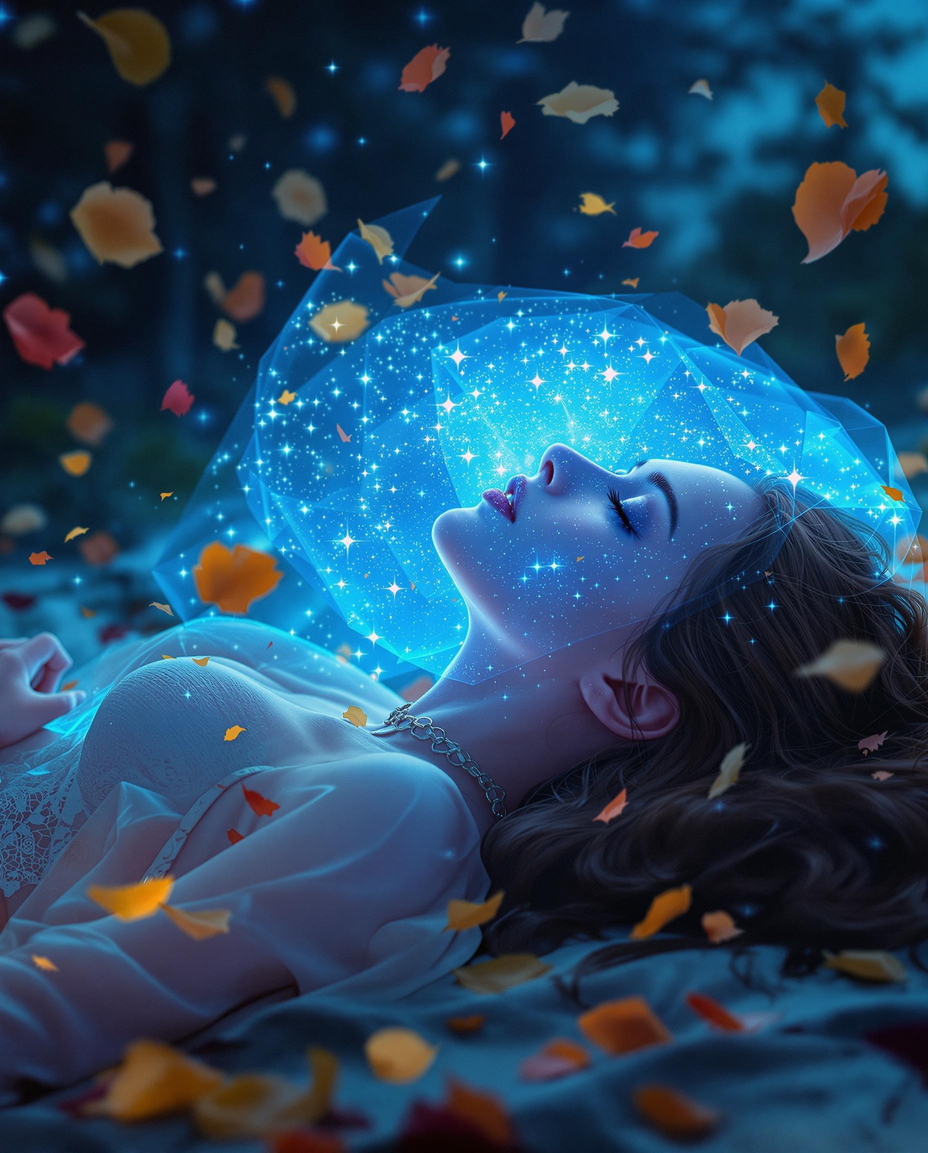 This image is a realistic photo (photograph) of a female real person digital artwork that exudes a surreal and otherworldly atmosphere. The art style is reminiscent of digital painting with a touch of fantasy, utilizing vibrant colors and intricate details to create a visually striking and immersive scene.The medium appears to be a digital painting software, which allows for a high level of detail and color saturation. The use of light and shadow is masterfully executed, giving the image depth and dimension.The colors in the image are predominantly cool tones, with shades of blue and purple creating a nighttime or nocturnal setting. The interplay of light and dark blue hues gives the image a sense of depth and adds to the mystical ambiance. There are also hints of warm tones, such as oranges and yellows, which provide contrast and highlight specific elements within the composition.The objects in the image are numerous and contribute to the overall fantastical feel. At the forefront, we see a figure lying on the ground, their body partially obscured by a translucent, sparkling substance that resembles a celestial body or a magical glow. The figures hair and clothing are illuminated by this light, creating a shimmering effect that adds to the ethereal quality of the scene.The figures clothing is detailed with lace and straps, adding a touch of elegance and intricacy to the overall design. The texture of the clothing is rendered with a high level of realism, with the fabric appearing soft and flexible.Around the figure, there are scattered petals and leaves, which float in the air and add to the dreamlike quality of the scene. These elements are illuminated by the same light source, creating a sense of floating motion and adding to the magical atmosphere.In the background, there is a blurred landscape that suggests a natural setting, possibly a forest or a garden. The trees and foliage are rendered with a soft focus, contributing to the dreamy and surreal nature of the image.Overall, the image is a captivating blend of fantasy and digital artistry, utilizing vibrant colors, intricate details, and a masterful use of light and shadow to create a visually stunning and immersive scene.