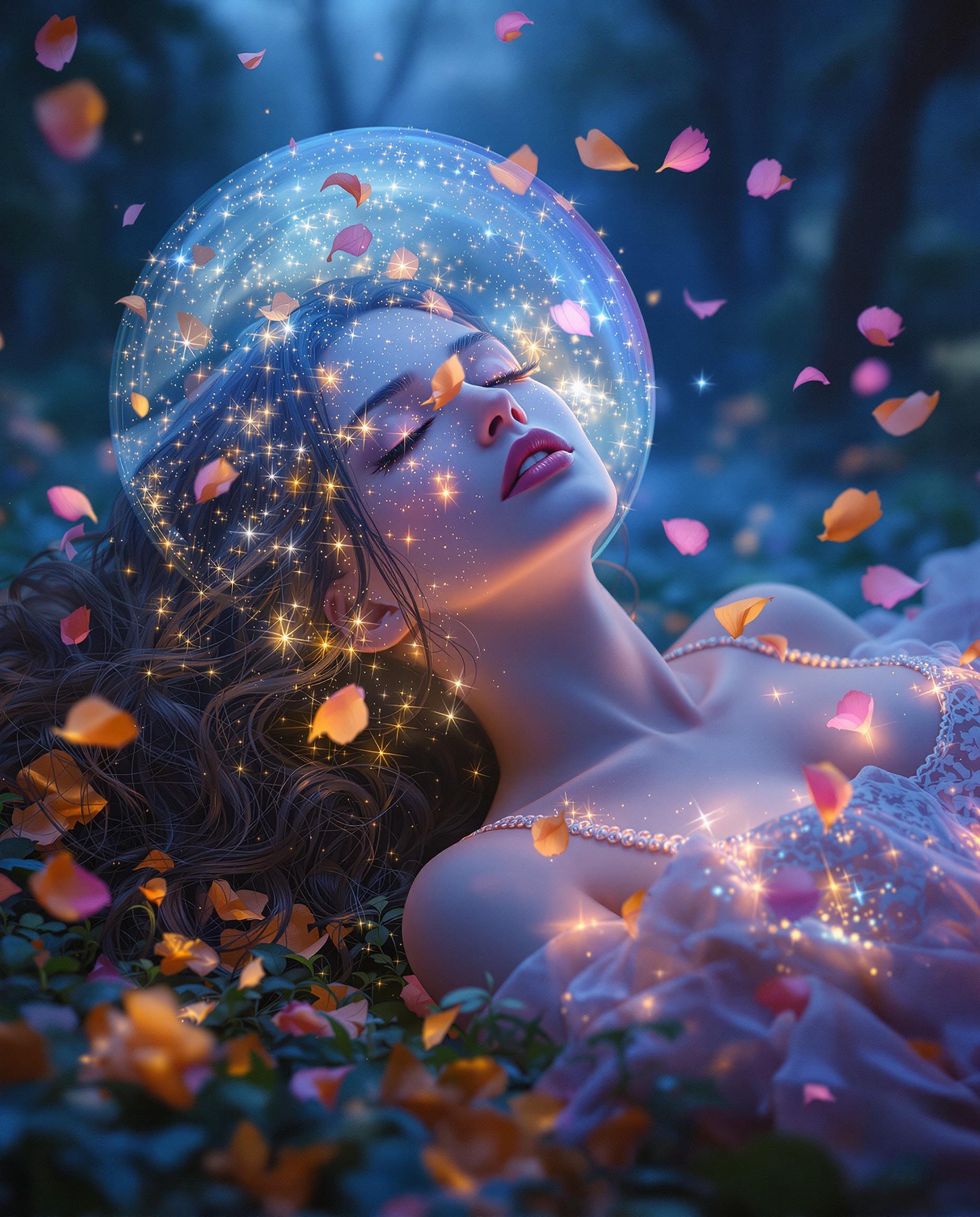 This image is a realistic photo (photograph) of a female real person digital artwork that exudes a surreal and otherworldly atmosphere. The art style is reminiscent of digital painting with a touch of fantasy, utilizing vibrant colors and intricate details to create a visually striking and immersive scene.The medium appears to be a digital painting software, which allows for a high level of detail and color saturation. The use of light and shadow is masterfully executed, giving the image depth and dimension.The colors in the image are predominantly cool tones, with shades of blue and purple creating a nighttime or nocturnal setting. The interplay of light and dark blue hues gives the image a sense of depth and adds to the mystical ambiance. There are also hints of warm tones, such as oranges and yellows, which provide contrast and highlight specific elements within the composition.The objects in the image are numerous and contribute to the overall fantastical feel. At the forefront, we see a figure lying on the ground, their body partially obscured by a translucent, sparkling substance that resembles a celestial body or a magical glow. The figures hair and clothing are illuminated by this light, creating a shimmering effect that adds to the ethereal quality of the scene.The figures clothing is detailed with lace and straps, adding a touch of elegance and intricacy to the overall design. The texture of the clothing is rendered with a high level of realism, with the fabric appearing soft and flexible.Around the figure, there are scattered petals and leaves, which float in the air and add to the dreamlike quality of the scene. These elements are illuminated by the same light source, creating a sense of floating motion and adding to the magical atmosphere.In the background, there is a blurred landscape that suggests a natural setting, possibly a forest or a garden. The trees and foliage are rendered with a soft focus, contributing to the dreamy and surreal nature of the image.Overall, the image is a captivating blend of fantasy and digital artistry, utilizing vibrant colors, intricate details, and a masterful use of light and shadow to create a visually stunning and immersive scene.