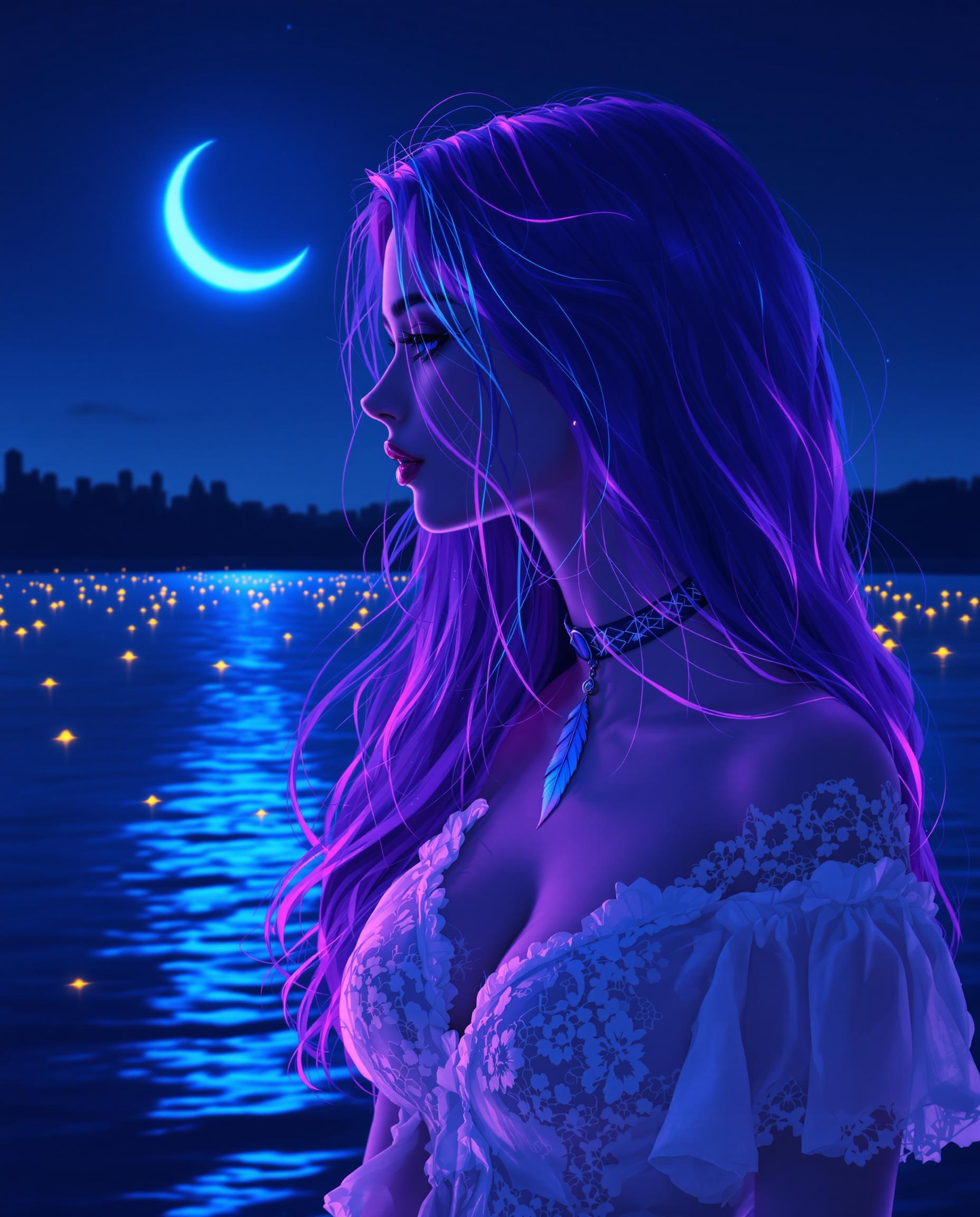 This image is a realistic photo (photograph) of a female real person digital artwork that captures a serene nocturnal scene. The art style is reminiscent of a digital painting, with a focus on vibrant colors and a dreamlike quality. The medium appears to be a computer generated image, given the smooth gradients and lack of texture that are characteristic of digital art.The colors in the image are rich and dynamic, with a predominance of blues and purples that create a cool, tranquil atmosphere. The night sky is a deep navy blue, transitioning to a lighter blue near the horizon, where the city lights begin to twinkle. The crescent moon is a soft, pale blue, glowing with a gentle luminescence that contrasts with the dark sky.The foreground features a body of water, likely a lake or a river, with gentle ripples that catch the moonlight and city lights, reflecting them onto the waters surface. The water is a deep blue, with lighter blue highlights that mimic the moons glow. Scattered across the water are small, floating lights, which could be lanterns or reflections of the city lights.The subject of the image is a person, whose profile is facing away from the viewer. The person has long, flowing hair that transitions from a deep purple at the roots to a lighter purple at the tips, with streaks of blue that suggest neon lighting. The hair is styled in a way that it cascades over the shoulders and chest, with some strands gently touching the water.The person is wearing a white, lacedetailed garment that appears to be a dress or top. The lace is intricate and detailed, with a floral pattern that adds a touch of elegance to the overall look. The garment is sheer, with delicate ruffles and frills that flutter slightly in the breeze.The person is also wearing a choker necklace with a pendant that resembles a feather or a bird, adding a sense of mystique to the overall aesthetic. The necklace is made of a translucent material, with a gradient of colors that match the hair and the overall color scheme of the image.The background of the image is a cityscape at night, with buildings that are mere silhouettes against the dark sky. The city lights are scattered across the horizon, creating a warm, inviting contrast to the cool blues of the night.Overall, the image is a harmonious blend of cool and warm tones, with a focus on the interplay of light and shadow. The digital painting technique used to create this image gives it a dreamlike quality, making it feel both serene and slightly surreal.