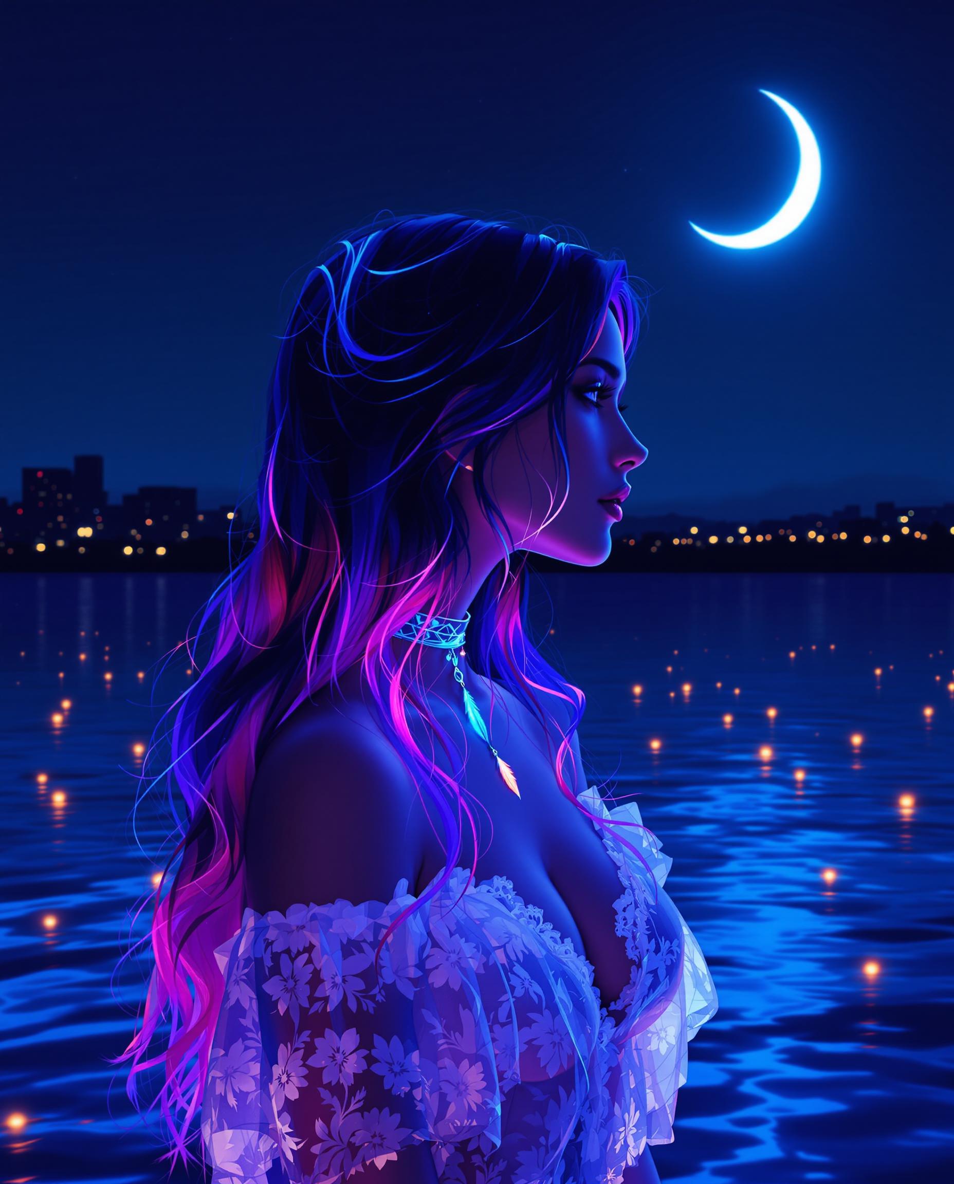 This image is a realistic photo (photograph) of a female real person digital artwork that captures a serene nocturnal scene. The art style is reminiscent of a digital painting, with a focus on vibrant colors and a dreamlike quality. The medium appears to be a computer generated image, given the smooth gradients and lack of texture that are characteristic of digital art.The colors in the image are rich and dynamic, with a predominance of blues and purples that create a cool, tranquil atmosphere. The night sky is a deep navy blue, transitioning to a lighter blue near the horizon, where the city lights begin to twinkle. The crescent moon is a soft, pale blue, glowing with a gentle luminescence that contrasts with the dark sky.The foreground features a body of water, likely a lake or a river, with gentle ripples that catch the moonlight and city lights, reflecting them onto the waters surface. The water is a deep blue, with lighter blue highlights that mimic the moons glow. Scattered across the water are small, floating lights, which could be lanterns or reflections of the city lights.The subject of the image is a person, whose profile is facing away from the viewer. The person has long, flowing hair that transitions from a deep purple at the roots to a lighter purple at the tips, with streaks of blue that suggest neon lighting. The hair is styled in a way that it cascades over the shoulders and chest, with some strands gently touching the water.The person is wearing a white, lacedetailed garment that appears to be a dress or top. The lace is intricate and detailed, with a floral pattern that adds a touch of elegance to the overall look. The garment is sheer, with delicate ruffles and frills that flutter slightly in the breeze.The person is also wearing a choker necklace with a pendant that resembles a feather or a bird, adding a sense of mystique to the overall aesthetic. The necklace is made of a translucent material, with a gradient of colors that match the hair and the overall color scheme of the image.The background of the image is a cityscape at night, with buildings that are mere silhouettes against the dark sky. The city lights are scattered across the horizon, creating a warm, inviting contrast to the cool blues of the night.Overall, the image is a harmonious blend of cool and warm tones, with a focus on the interplay of light and shadow. The digital painting technique used to create this image gives it a dreamlike quality, making it feel both serene and slightly surreal.