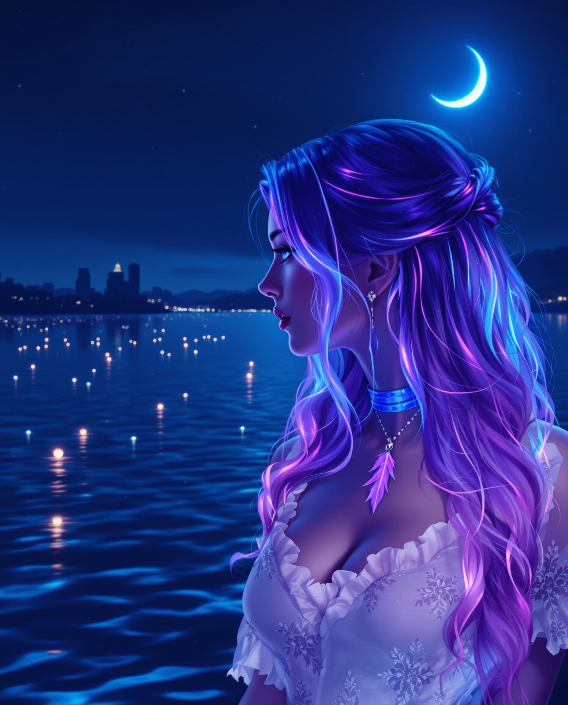 This image is a realistic photo (photograph) of a female real person digital artwork that captures a serene nocturnal scene. The art style is reminiscent of a digital painting, with a focus on vibrant colors and a dreamlike quality. The medium appears to be a computer generated image, given the smooth gradients and lack of texture that are characteristic of digital art.The colors in the image are rich and dynamic, with a predominance of blues and purples that create a cool, tranquil atmosphere. The night sky is a deep navy blue, transitioning to a lighter blue near the horizon, where the city lights begin to twinkle. The crescent moon is a soft, pale blue, glowing with a gentle luminescence that contrasts with the dark sky.The foreground features a body of water, likely a lake or a river, with gentle ripples that catch the moonlight and city lights, reflecting them onto the waters surface. The water is a deep blue, with lighter blue highlights that mimic the moons glow. Scattered across the water are small, floating lights, which could be lanterns or reflections of the city lights.The subject of the image is a person, whose profile is facing away from the viewer. The person has long, flowing hair that transitions from a deep purple at the roots to a lighter purple at the tips, with streaks of blue that suggest neon lighting. The hair is styled in a way that it cascades over the shoulders and chest, with some strands gently touching the water.The person is wearing a white, lacedetailed garment that appears to be a dress or top. The lace is intricate and detailed, with a floral pattern that adds a touch of elegance to the overall look. The garment is sheer, with delicate ruffles and frills that flutter slightly in the breeze.The person is also wearing a choker necklace with a pendant that resembles a feather or a bird, adding a sense of mystique to the overall aesthetic. The necklace is made of a translucent material, with a gradient of colors that match the hair and the overall color scheme of the image.The background of the image is a cityscape at night, with buildings that are mere silhouettes against the dark sky. The city lights are scattered across the horizon, creating a warm, inviting contrast to the cool blues of the night.Overall, the image is a harmonious blend of cool and warm tones, with a focus on the interplay of light and shadow. The digital painting technique used to create this image gives it a dreamlike quality, making it feel both serene and slightly surreal.