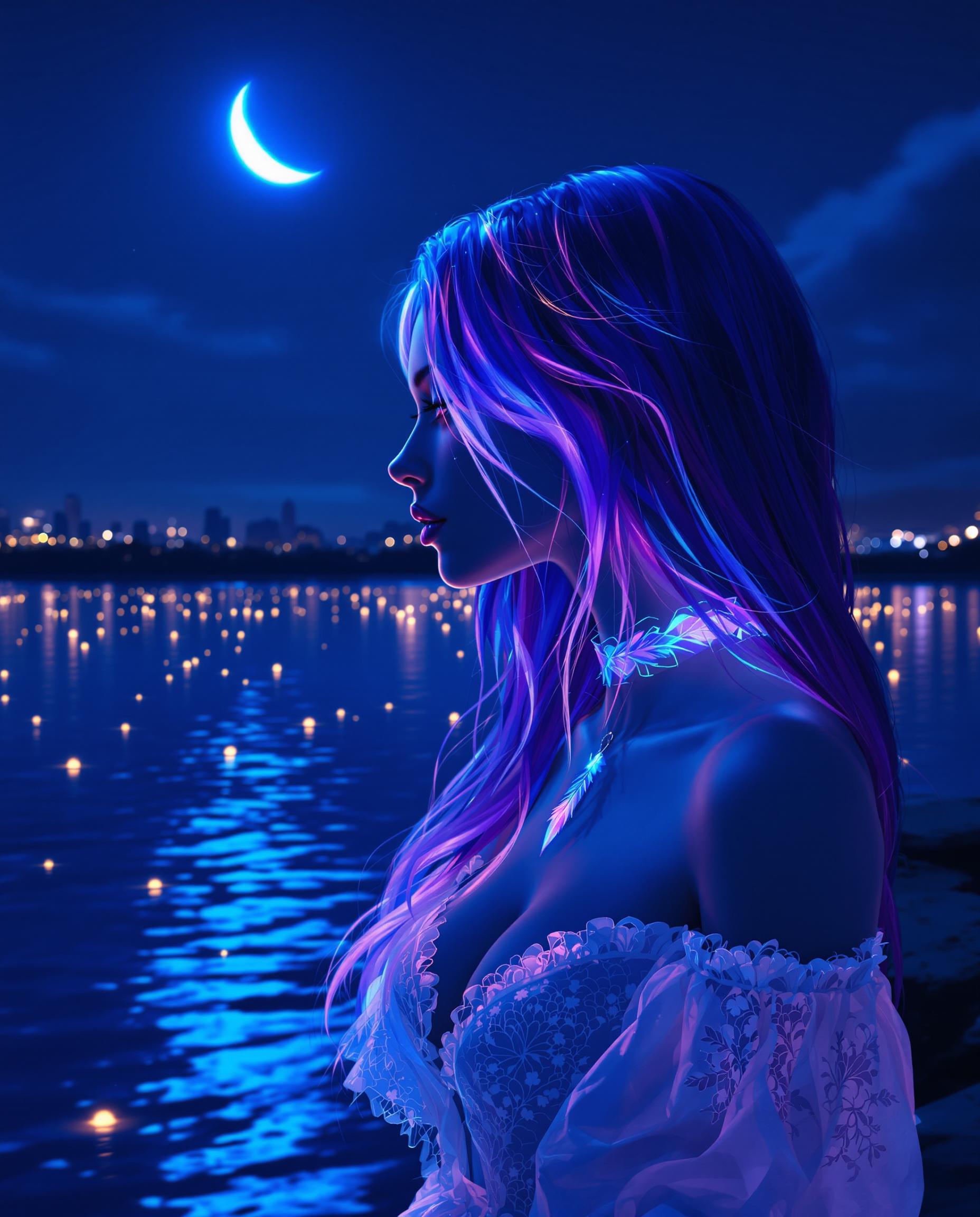 This image is a realistic photo (photograph) of a female real person digital artwork that captures a serene nocturnal scene. The art style is reminiscent of a digital painting, with a focus on vibrant colors and a dreamlike quality. The medium appears to be a computer generated image, given the smooth gradients and lack of texture that are characteristic of digital art.The colors in the image are rich and dynamic, with a predominance of blues and purples that create a cool, tranquil atmosphere. The night sky is a deep navy blue, transitioning to a lighter blue near the horizon, where the city lights begin to twinkle. The crescent moon is a soft, pale blue, glowing with a gentle luminescence that contrasts with the dark sky.The foreground features a body of water, likely a lake or a river, with gentle ripples that catch the moonlight and city lights, reflecting them onto the waters surface. The water is a deep blue, with lighter blue highlights that mimic the moons glow. Scattered across the water are small, floating lights, which could be lanterns or reflections of the city lights.The subject of the image is a person, whose profile is facing away from the viewer. The person has long, flowing hair that transitions from a deep purple at the roots to a lighter purple at the tips, with streaks of blue that suggest neon lighting. The hair is styled in a way that it cascades over the shoulders and chest, with some strands gently touching the water.The person is wearing a white, lacedetailed garment that appears to be a dress or top. The lace is intricate and detailed, with a floral pattern that adds a touch of elegance to the overall look. The garment is sheer, with delicate ruffles and frills that flutter slightly in the breeze.The person is also wearing a choker necklace with a pendant that resembles a feather or a bird, adding a sense of mystique to the overall aesthetic. The necklace is made of a translucent material, with a gradient of colors that match the hair and the overall color scheme of the image.The background of the image is a cityscape at night, with buildings that are mere silhouettes against the dark sky. The city lights are scattered across the horizon, creating a warm, inviting contrast to the cool blues of the night.Overall, the image is a harmonious blend of cool and warm tones, with a focus on the interplay of light and shadow. The digital painting technique used to create this image gives it a dreamlike quality, making it feel both serene and slightly surreal.