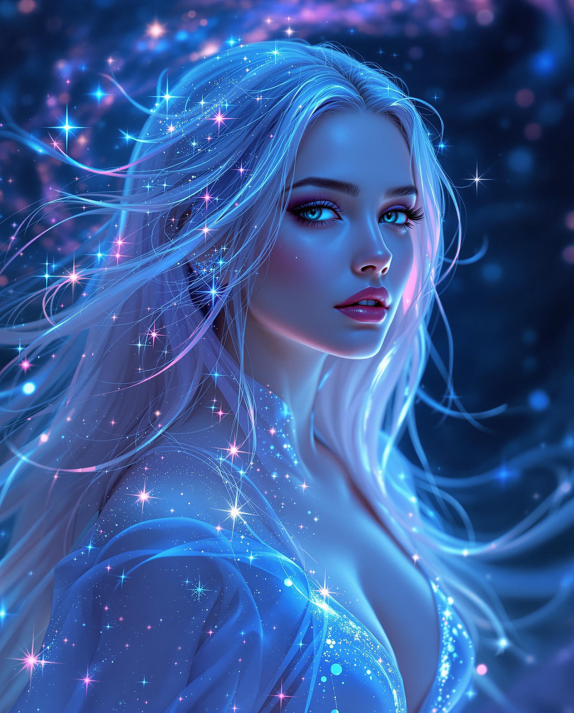This image is a realistic photo (photograph) of a female real person digital artwork that exudes a sense of fantasy and otherworldliness. The art style is reminiscent of digital painting with a touch of realistic influence, characterized by smooth lines, soft shading, and a high level of detail. The medium appears to be a digital painting software, given the seamless blending of colors and the lack of texture that might be present in a traditional painting.The colors in the image are predominantly shades of blue, ranging from deep navy to light sky blue, with touches of purple and pink. These colors create a cool, ethereal atmosphere. The highlights on the subjects hair and clothing are a bright neon blue, which stands out against the darker background, drawing the viewers eye. The use of light and shadow is subtle but effective, with the light accentuating the contours of the subjects face and body, and the shadow adding depth and dimension.Objects in the image include the subject, who is the focal point. The subject appears to be a female with flowing hair that cascades around her shoulders and chest. The hair is detailed with strands of light, resembling stars or cosmic dust, which contribute to the overall otherworldly feel of the image. The subject is wearing a garment that seems to be made of the same luminescent material as her hair, with sparkling embellishments that shimmer in the light.The background is a swirl of cosmic imagery, reminiscent of a galaxy or nebula. It is a dense cluster of stars and cosmic dust, with varying shades of blue and purple, and it seems to emanate from within the subject, suggesting a connection between her and the universe. The background is blurred and out of focus, drawing the viewers attention back to the subject.Overall, the image is a captivating blend of fantasy and science fiction, with a strong emphasis on color, light, and the interplay between the subject and her cosmic surroundings.