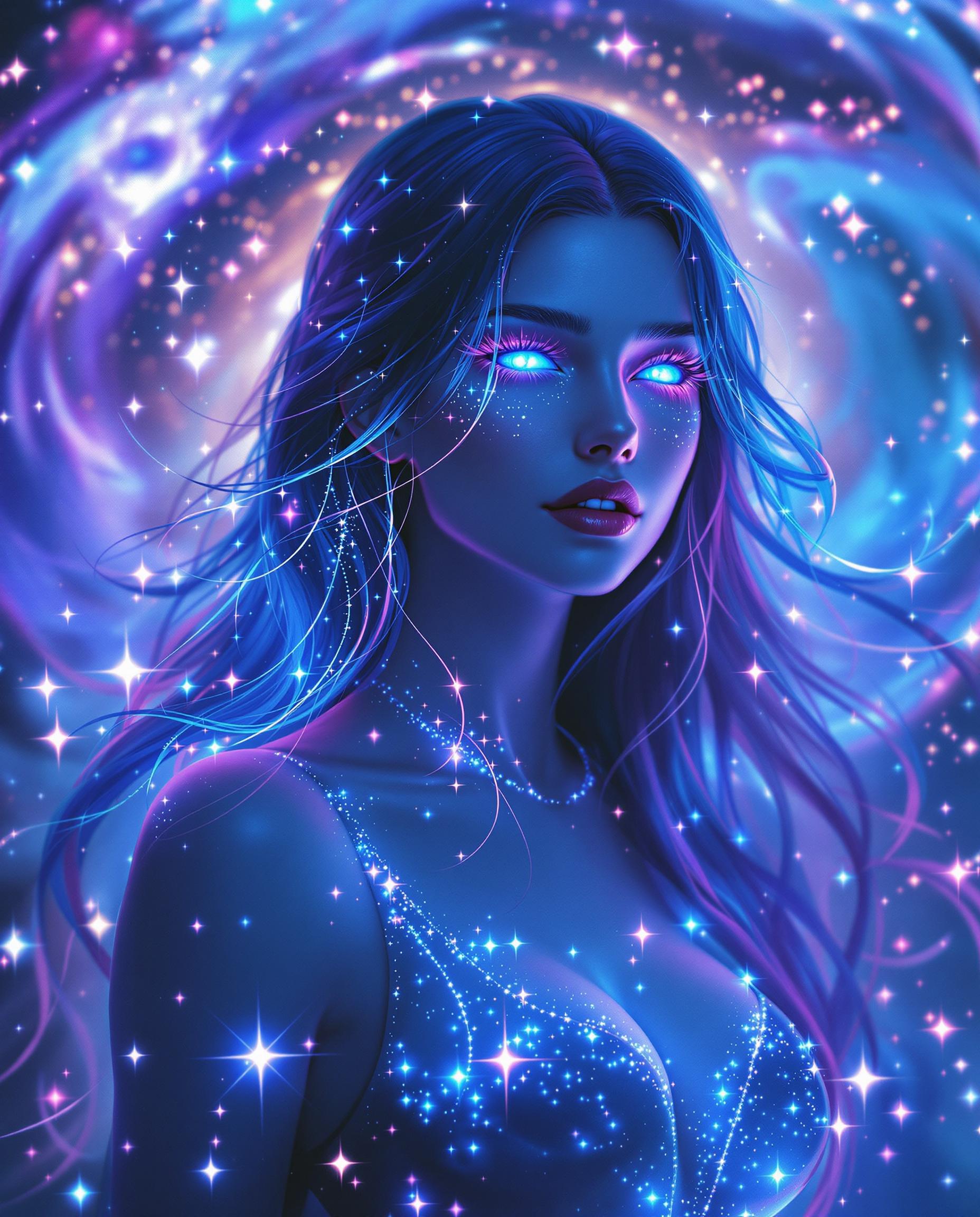 This image is a realistic photo (photograph) of a female real person digital artwork that exudes a sense of fantasy and otherworldliness. The art style is reminiscent of digital painting with a touch of realistic influence, characterized by smooth lines, soft shading, and a high level of detail. The medium appears to be a digital painting software, given the seamless blending of colors and the lack of texture that might be present in a traditional painting.The colors in the image are predominantly shades of blue, ranging from deep navy to light sky blue, with touches of purple and pink. These colors create a cool, ethereal atmosphere. The highlights on the subjects hair and clothing are a bright neon blue, which stands out against the darker background, drawing the viewers eye. The use of light and shadow is subtle but effective, with the light accentuating the contours of the subjects face and body, and the shadow adding depth and dimension.Objects in the image include the subject, who is the focal point. The subject appears to be a female with flowing hair that cascades around her shoulders and chest. The hair is detailed with strands of light, resembling stars or cosmic dust, which contribute to the overall otherworldly feel of the image. The subject is wearing a garment that seems to be made of the same luminescent material as her hair, with sparkling embellishments that shimmer in the light.The background is a swirl of cosmic imagery, reminiscent of a galaxy or nebula. It is a dense cluster of stars and cosmic dust, with varying shades of blue and purple, and it seems to emanate from within the subject, suggesting a connection between her and the universe. The background is blurred and out of focus, drawing the viewers attention back to the subject.Overall, the image is a captivating blend of fantasy and science fiction, with a strong emphasis on color, light, and the interplay between the subject and her cosmic surroundings.