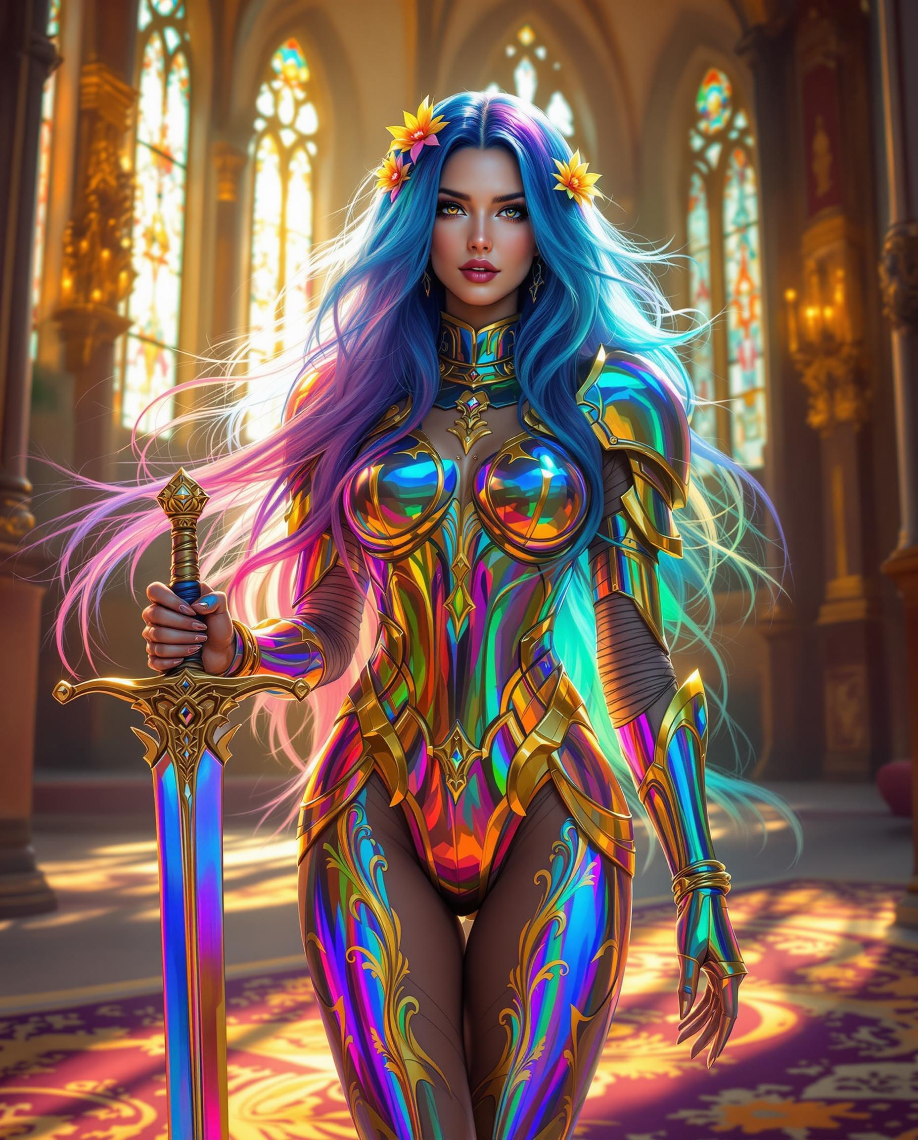 This is a realistic photo (photograph) of a female real person image that exudes a fantasy and realistic inspired art style. The medium appears to be digital painting, given the smooth blending of colors and the high level of detail. The colors are vibrant and rich, with a predominance of blues, purples, and pinks, which are complemented by the iridescent quality of the armor and the sword.The subject of the image is a female figure with long, flowing hair that transitions from a deep blue at the roots to a spectrum of rainbow colors at the tips. Her hair is adorned with golden accessories that resemble flowers or leaves, adding to the fantasy aesthetic. The figure is wearing a tightfitting, metallic armor that shimmers with a spectrum of colors, reminiscent of a chameleons scales. The armor is detailed with gold trim and embellishments, and the figure is also wearing a matching metallic sword with a similarly iridescent blade.The background is a grand, gothic interior with tall, arched windows that allow sunlight to stream in, casting a warm golden hue over the scene. The intricate stained glass windows and the ornate architecture contribute to the fantasy and historical ambiance of the setting. The floor is covered with a rich, patterned carpet that adds depth and texture to the composition.Overall, the image is a rich tapestry of fantasy elements, from the colorful hair and armor to the gothic architecture and the warm, golden light. The interplay of light and color, as well as the attention to detail, gives the image a dynamic and almost otherworldly quality. (iridescent, rainbow, gemstones & satin)