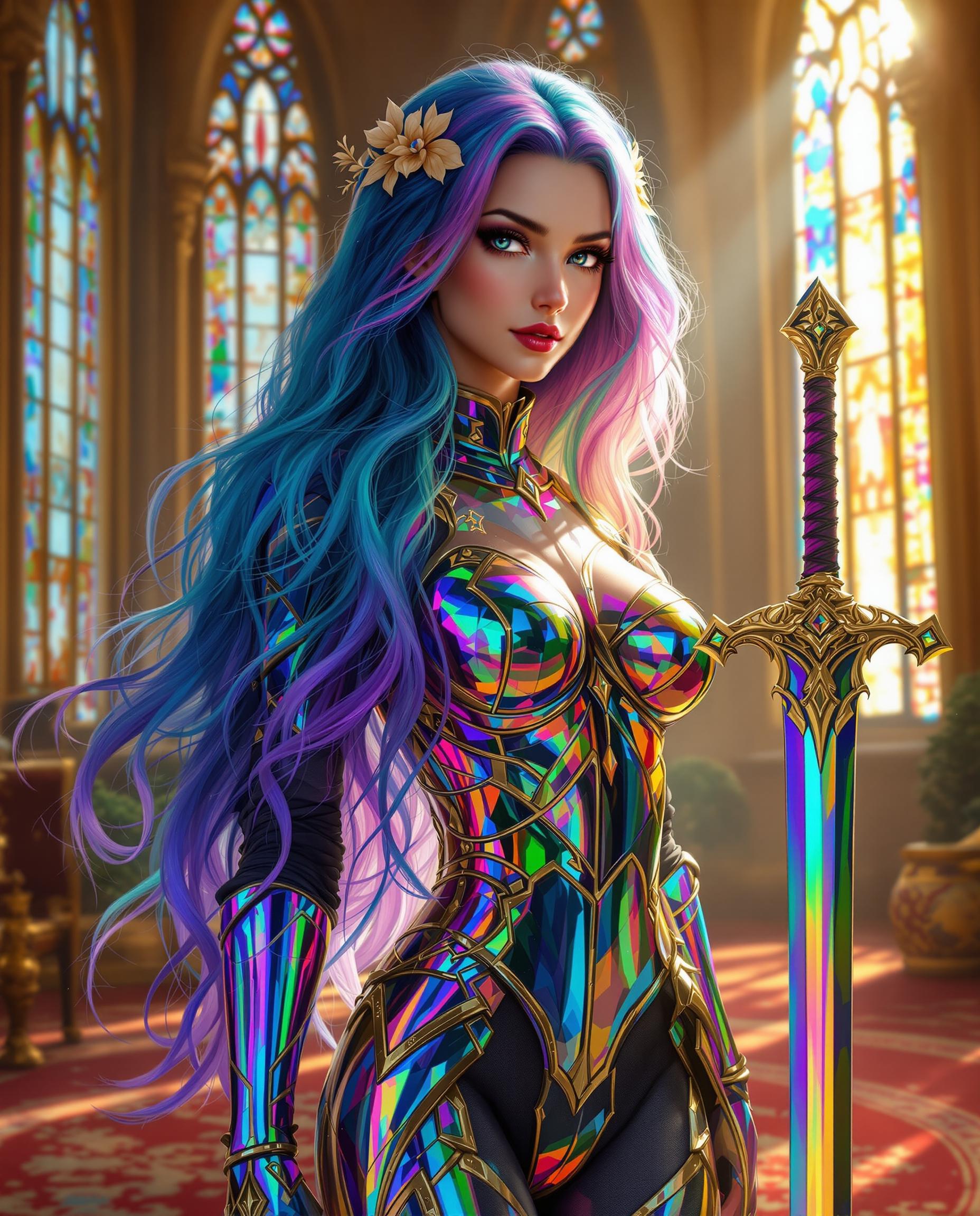 This is a realistic photo (photograph) of a female real person image that exudes a fantasy and realistic inspired art style. The medium appears to be digital painting, given the smooth blending of colors and the high level of detail. The colors are vibrant and rich, with a predominance of blues, purples, and pinks, which are complemented by the iridescent quality of the armor and the sword.The subject of the image is a female figure with long, flowing hair that transitions from a deep blue at the roots to a spectrum of rainbow colors at the tips. Her hair is adorned with golden accessories that resemble flowers or leaves, adding to the fantasy aesthetic. The figure is wearing a tightfitting, metallic armor that shimmers with a spectrum of colors, reminiscent of a chameleons scales. The armor is detailed with gold trim and embellishments, and the figure is also wearing a matching metallic sword with a similarly iridescent blade.The background is a grand, gothic interior with tall, arched windows that allow sunlight to stream in, casting a warm golden hue over the scene. The intricate stained glass windows and the ornate architecture contribute to the fantasy and historical ambiance of the setting. The floor is covered with a rich, patterned carpet that adds depth and texture to the composition.Overall, the image is a rich tapestry of fantasy elements, from the colorful hair and armor to the gothic architecture and the warm, golden light. The interplay of light and color, as well as the attention to detail, gives the image a dynamic and almost otherworldly quality. (iridescent, rainbow, gemstones & satin)