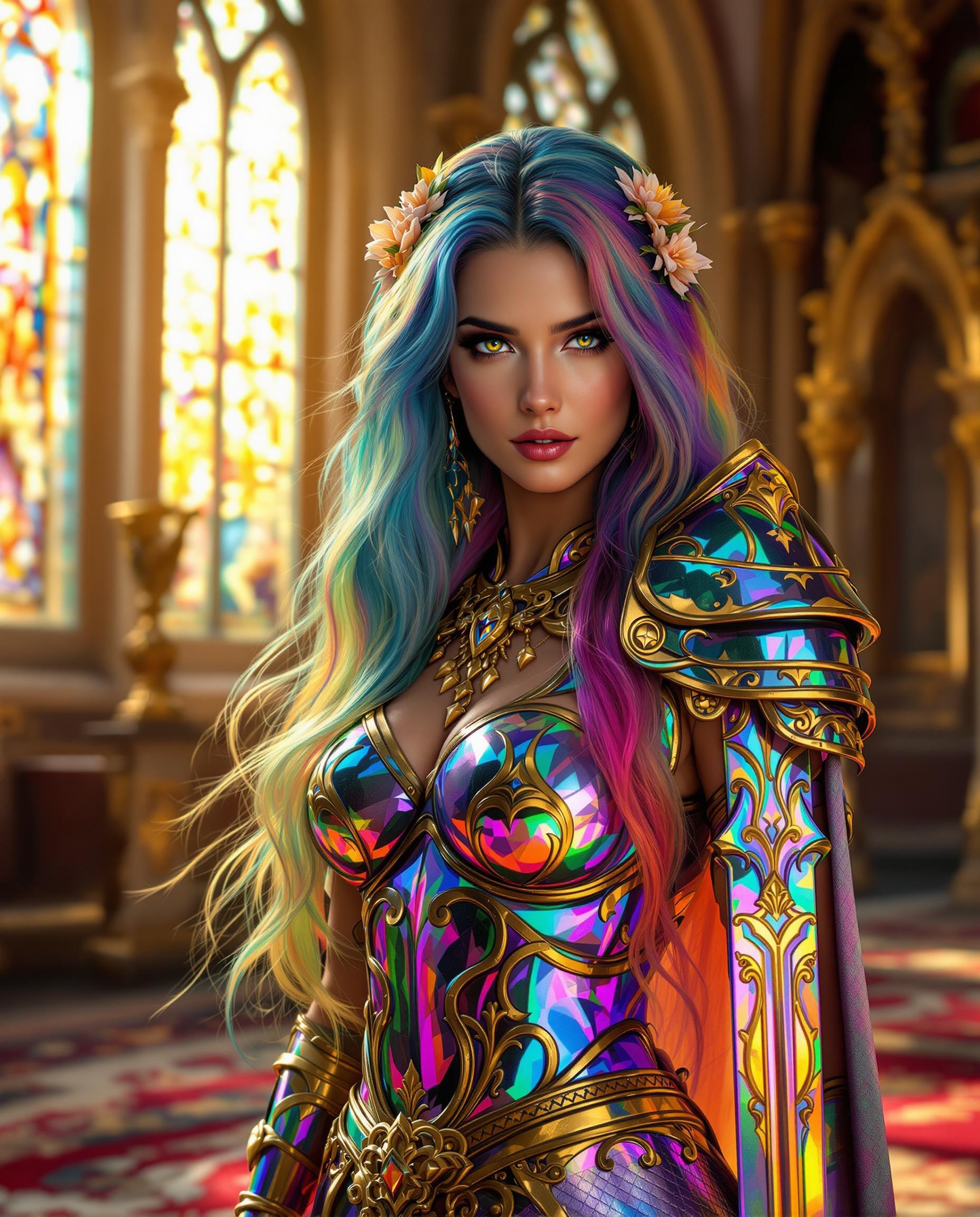 A stunning photorealistic portrait of a female warrior, captured as if through a DSLR lens with a 50 mm focal length, featuring shallow depth of field and cinematic lighting in 8K detail. She stands in a grand gothic interior with towering arched windows casting warm golden sunlight, illuminating intricate stained glass and ornate architecture, while a richly patterned carpet adds depth. Her long, flowing hair transitions from deep blue to rainbow hues, adorned with golden floral accessories, and her iridescent, chameleon-like metallic armor with gold trim shimmers alongside a matching sword, complemented by vibrant blues, purples, and pinks.
