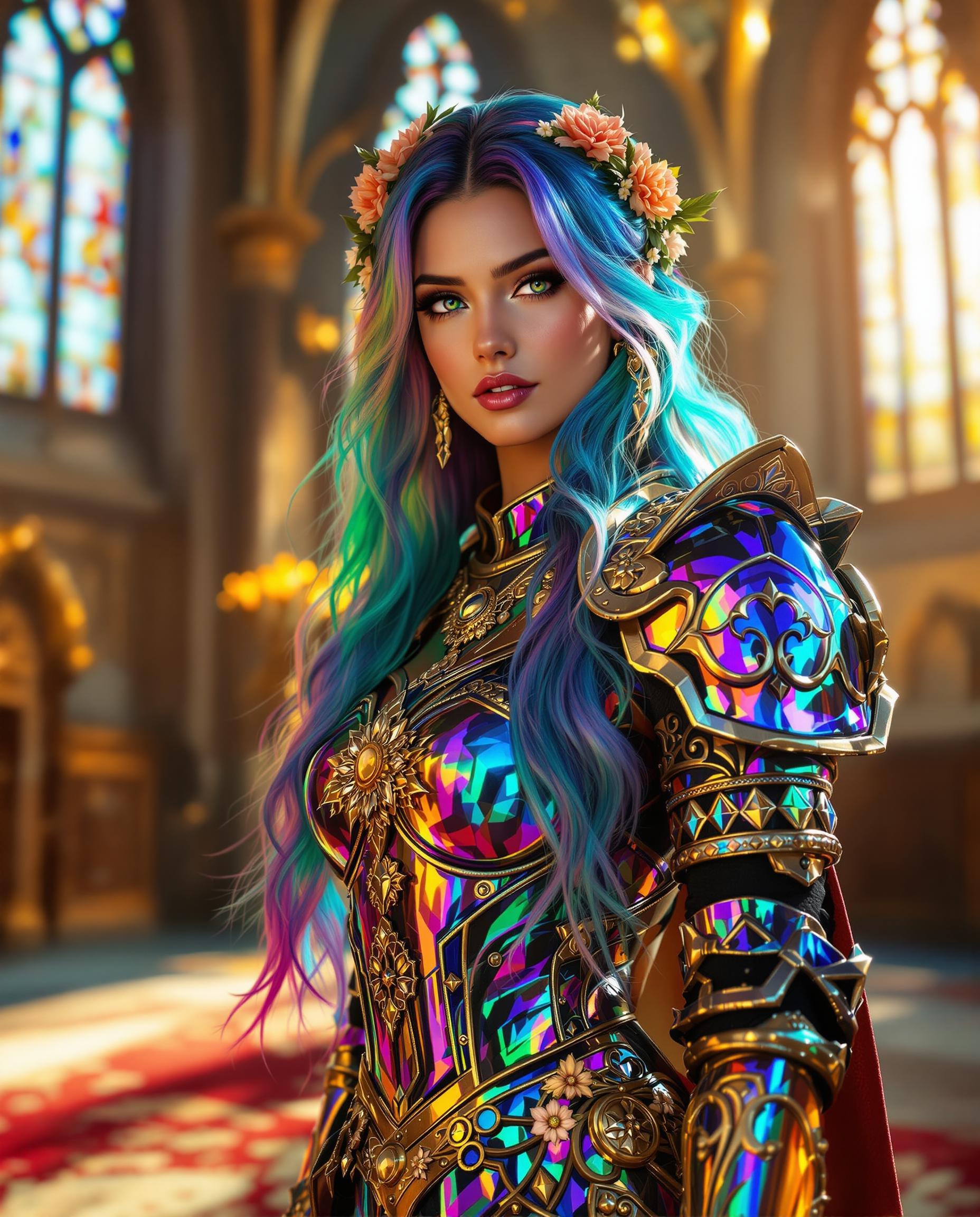 A stunning photorealistic portrait of a female warrior, captured as if through a DSLR lens with a 50 mm focal length, featuring shallow depth of field and cinematic lighting in 8K detail. She stands in a grand gothic interior with towering arched windows casting warm golden sunlight, illuminating intricate stained glass and ornate architecture, while a richly patterned carpet adds depth. Her long, flowing hair transitions from deep blue to rainbow hues, adorned with golden floral accessories, and her iridescent, chameleon-like metallic armor with gold trim shimmers alongside a matching sword, complemented by vibrant blues, purples, and pinks.