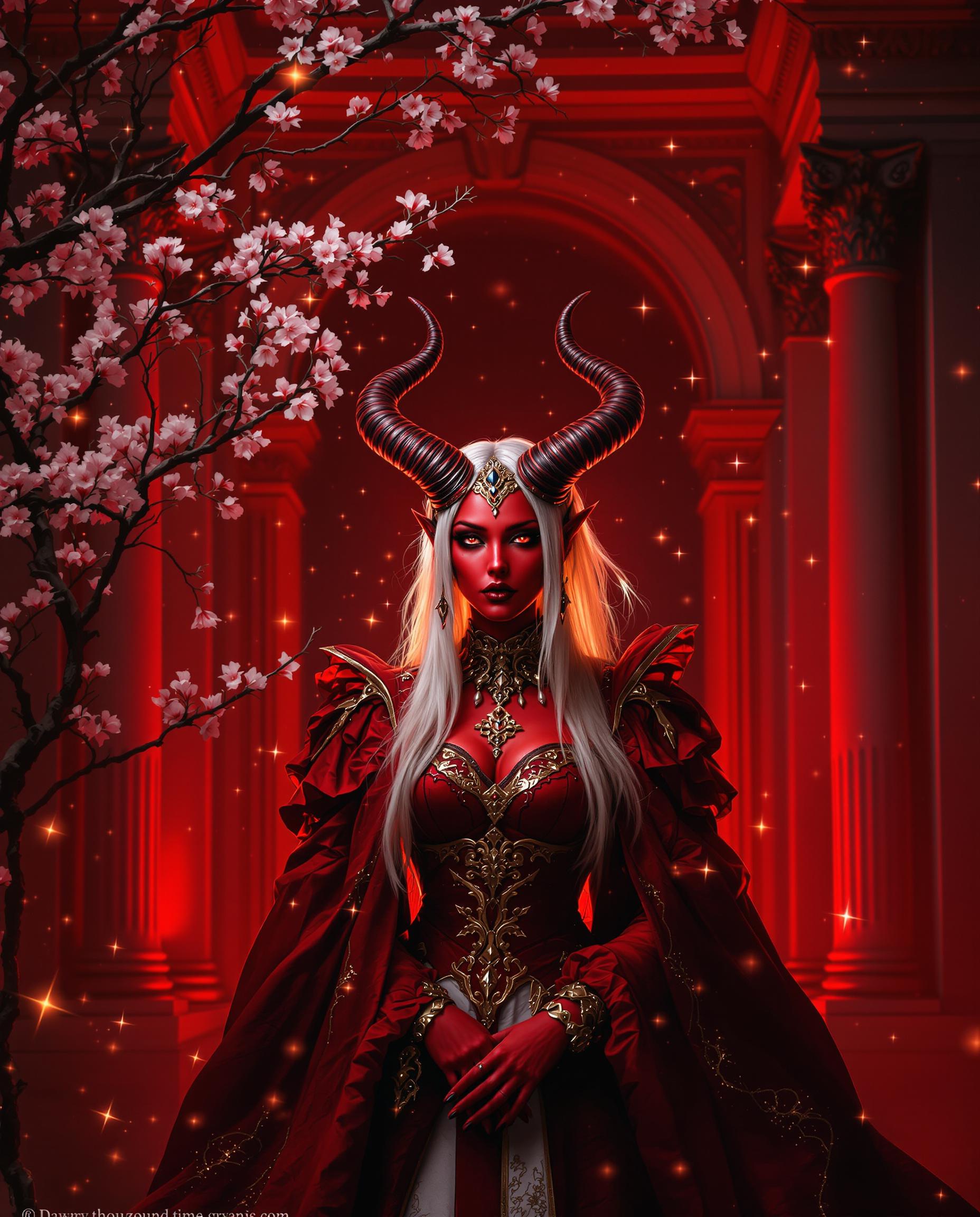 This image is a realistic photo (photograph) of a female real person richly detailed and artistically composed piece that draws on a variety of artistic elements to create a striking and immersive visual experience.Composition The subject is placed centrally, which is a common compositional technique that draws the viewers eye directly to the focal point. The use of a classical architectural frame, with its archway and columns, adds depth and a sense of enclosure, drawing the viewers gaze through the space and towards the subject. The inclusion of a blossoming branch introduces a natural element and a sense of movement, which contrasts with the stillness of the subject and the architecture. The lighting and sparkles scattered throughout the scene create a sense of magic and dynamism, further drawing the viewers eye and adding to the overall sense of wonder.Lighting The lighting in the image is dramatic and atmospheric, with a warm red hue that sets a mysterious and otherworldly tone. The lighting accentuates the textures and details of the subjects clothing and the surrounding environment, giving the image a threedimensional quality. The contrast between the reds and the whites and golds in the subjects attire and the sparkles adds to the visual impact and draws the viewers eye.Style The style of the artwork is fantastical, with elements that draw on both traditional and modern fantasy aesthetics. The subjects design, with its red skin, white hair, and horns, is reminiscent of gothic and fantasy art, while the detailed and ornate clothing and accessories suggest a high level of craftsmanship and attention to detail. The use of classical architecture and the inclusion of a blossoming branch introduce elements of nature and a sense of the sublime, which are common in traditional fantasy art. The overall style of the artwork is rich and detailed, with a strong emphasis on textures and a sense of depth, which is achieved through careful use of lighting and shadow.Overall, the image is a masterful blend of composition, lighting, and style, creating a visually compelling and immersive fantasy scene.