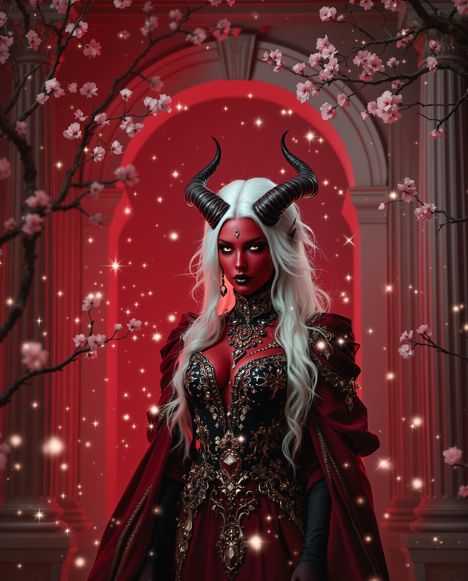 This image is a realistic photo (photograph) of a female real person richly detailed and artistically composed piece that draws on a variety of artistic elements to create a striking and immersive visual experience.Composition The subject is placed centrally, which is a common compositional technique that draws the viewers eye directly to the focal point. The use of a classical architectural frame, with its archway and columns, adds depth and a sense of enclosure, drawing the viewers gaze through the space and towards the subject. The inclusion of a blossoming branch introduces a natural element and a sense of movement, which contrasts with the stillness of the subject and the architecture. The lighting and sparkles scattered throughout the scene create a sense of magic and dynamism, further drawing the viewers eye and adding to the overall sense of wonder.Lighting The lighting in the image is dramatic and atmospheric, with a warm red hue that sets a mysterious and otherworldly tone. The lighting accentuates the textures and details of the subjects clothing and the surrounding environment, giving the image a threedimensional quality. The contrast between the reds and the whites and golds in the subjects attire and the sparkles adds to the visual impact and draws the viewers eye.Style The style of the artwork is fantastical, with elements that draw on both traditional and modern fantasy aesthetics. The subjects design, with its red skin, white hair, and horns, is reminiscent of gothic and fantasy art, while the detailed and ornate clothing and accessories suggest a high level of craftsmanship and attention to detail. The use of classical architecture and the inclusion of a blossoming branch introduce elements of nature and a sense of the sublime, which are common in traditional fantasy art. The overall style of the artwork is rich and detailed, with a strong emphasis on textures and a sense of depth, which is achieved through careful use of lighting and shadow.Overall, the image is a masterful blend of composition, lighting, and style, creating a visually compelling and immersive fantasy scene.