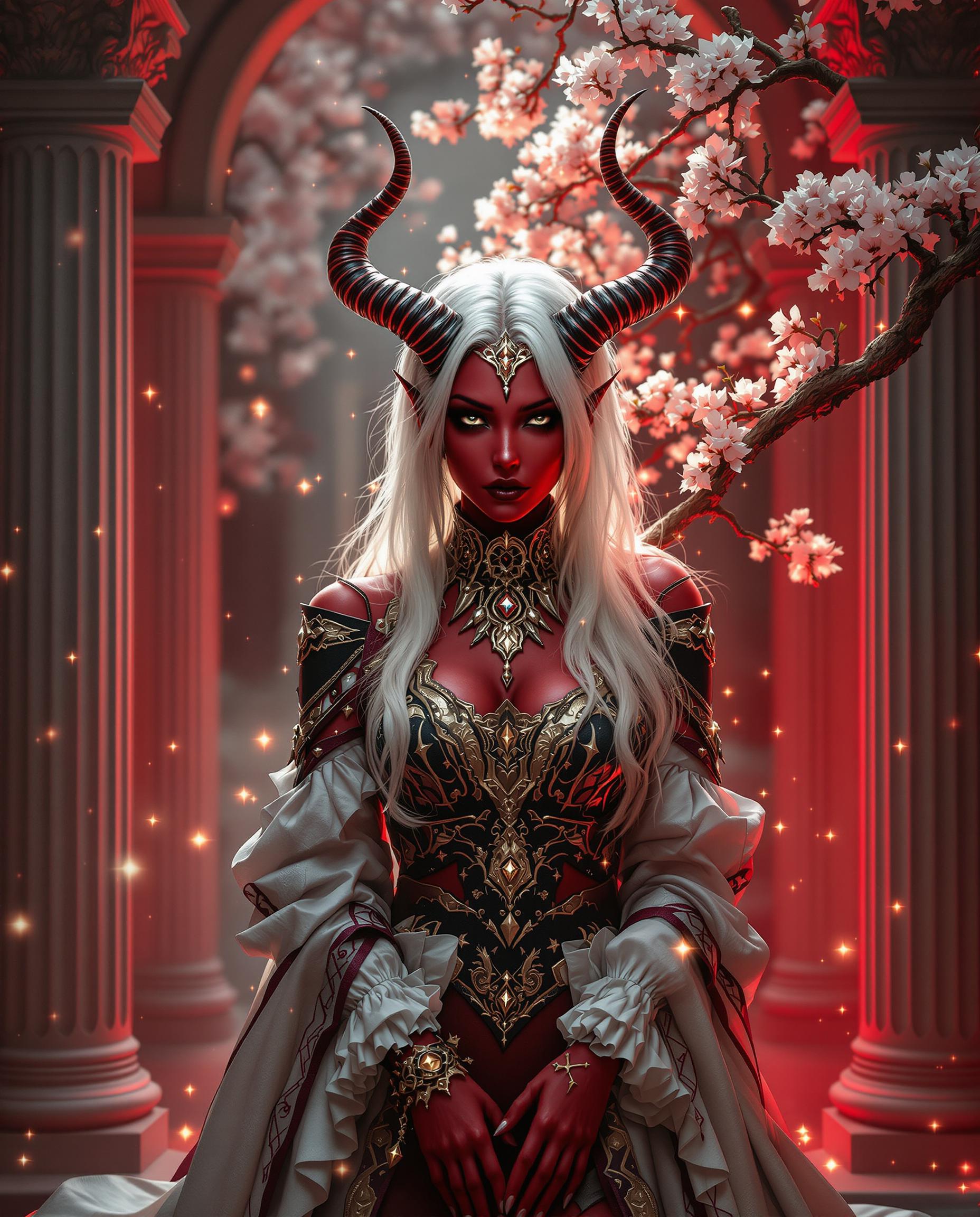 This image is a realistic photo (photograph) of a female real person richly detailed and artistically composed piece that draws on a variety of artistic elements to create a striking and immersive visual experience.Composition The subject is placed centrally, which is a common compositional technique that draws the viewers eye directly to the focal point. The use of a classical architectural frame, with its archway and columns, adds depth and a sense of enclosure, drawing the viewers gaze through the space and towards the subject. The inclusion of a blossoming branch introduces a natural element and a sense of movement, which contrasts with the stillness of the subject and the architecture. The lighting and sparkles scattered throughout the scene create a sense of magic and dynamism, further drawing the viewers eye and adding to the overall sense of wonder.Lighting The lighting in the image is dramatic and atmospheric, with a warm red hue that sets a mysterious and otherworldly tone. The lighting accentuates the textures and details of the subjects clothing and the surrounding environment, giving the image a threedimensional quality. The contrast between the reds and the whites and golds in the subjects attire and the sparkles adds to the visual impact and draws the viewers eye.Style The style of the artwork is fantastical, with elements that draw on both traditional and modern fantasy aesthetics. The subjects design, with its red skin, white hair, and horns, is reminiscent of gothic and fantasy art, while the detailed and ornate clothing and accessories suggest a high level of craftsmanship and attention to detail. The use of classical architecture and the inclusion of a blossoming branch introduce elements of nature and a sense of the sublime, which are common in traditional fantasy art. The overall style of the artwork is rich and detailed, with a strong emphasis on textures and a sense of depth, which is achieved through careful use of lighting and shadow.Overall, the image is a masterful blend of composition, lighting, and style, creating a visually compelling and immersive fantasy scene.