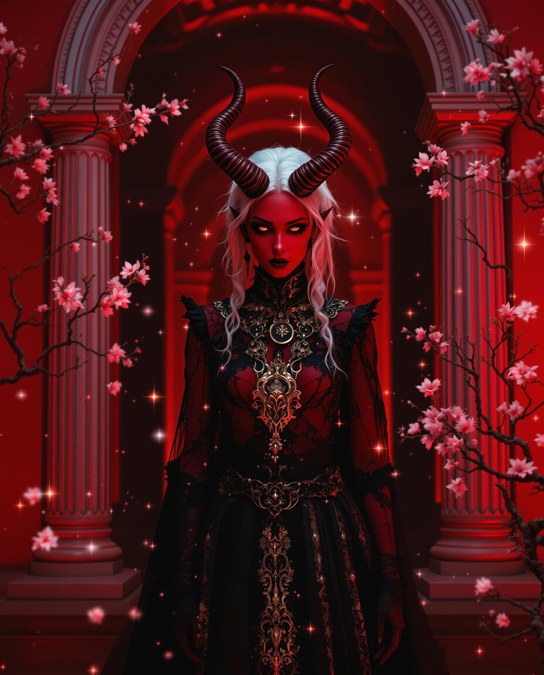This image is a realistic photo (photograph) of a female real person richly detailed and artistically composed piece that draws on a variety of artistic elements to create a striking and immersive visual experience.Composition The subject is placed centrally, which is a common compositional technique that draws the viewers eye directly to the focal point. The use of a classical architectural frame, with its archway and columns, adds depth and a sense of enclosure, drawing the viewers gaze through the space and towards the subject. The inclusion of a blossoming branch introduces a natural element and a sense of movement, which contrasts with the stillness of the subject and the architecture. The lighting and sparkles scattered throughout the scene create a sense of magic and dynamism, further drawing the viewers eye and adding to the overall sense of wonder.Lighting The lighting in the image is dramatic and atmospheric, with a warm red hue that sets a mysterious and otherworldly tone. The lighting accentuates the textures and details of the subjects clothing and the surrounding environment, giving the image a threedimensional quality. The contrast between the reds and the whites and golds in the subjects attire and the sparkles adds to the visual impact and draws the viewers eye.Style The style of the artwork is fantastical, with elements that draw on both traditional and modern fantasy aesthetics. The subjects design, with its red skin, white hair, and horns, is reminiscent of gothic and fantasy art, while the detailed and ornate clothing and accessories suggest a high level of craftsmanship and attention to detail. The use of classical architecture and the inclusion of a blossoming branch introduce elements of nature and a sense of the sublime, which are common in traditional fantasy art. The overall style of the artwork is rich and detailed, with a strong emphasis on textures and a sense of depth, which is achieved through careful use of lighting and shadow.Overall, the image is a masterful blend of composition, lighting, and style, creating a visually compelling and immersive fantasy scene.