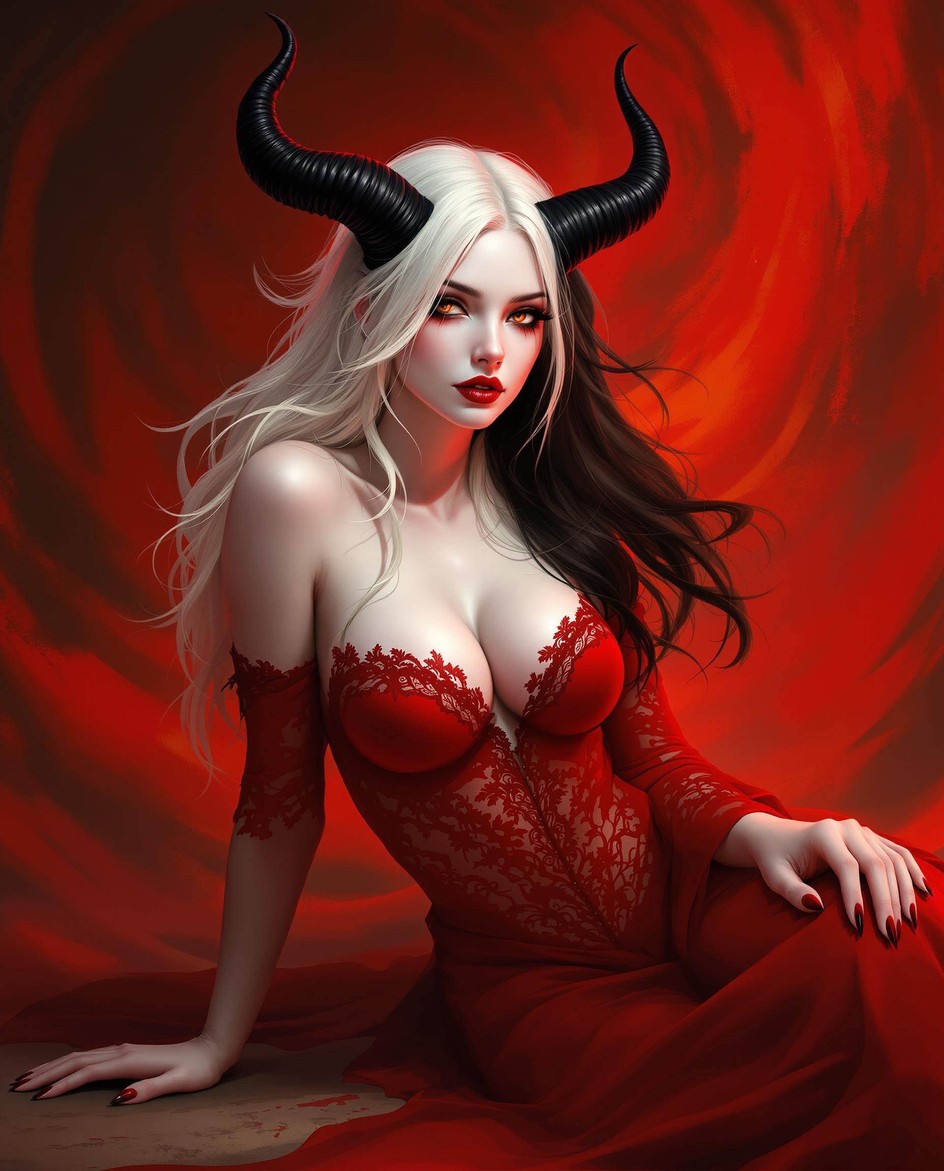 This is a realistic photo (photograph) of a female real person digital artwork that features a female figure with a striking appearance. The art style is reminiscent of fantasy or gothic genres, with a focus on detailed textures and a dramatic use of color.The medium appears to be digital painting, given the smooth gradients and the lack of brush strokes that are characteristic of traditional painting mediums. The lighting and shadows are expertly rendered, creating a sense of depth and realism.The colors in the image are bold and vibrant, with a predominance of reds and oranges that give the piece a fiery and intense atmosphere. The figures skin is a pale, almost translucent white, which contrasts sharply with the fiery background. The reds and oranges in the background are swirling and dynamic, suggesting movement and chaos.The figure has long, flowing hair that transitions from white at the roots to a deep black at the tips. The hair is adorned with two horns that curve upwards, adding to the gothic and fantastical elements of the image. The horns are also a deep black, matching the hair.The figure is wearing a red garment with lace detailing, which adds a touch of elegance to the otherwise fierce and dramatic aesthetic. The garment is sheer, allowing the figures pale skin to be visible underneath.The overall composition of the image is balanced and dynamic, with the figure positioned centrally against a swirling backdrop of red and orange hues. The figures pose is relaxed yet powerful, with one arm resting on the ground and the other bent at the elbow, palm facing upwards.In summary, this is a digital painting that captures the viewers attention with its bold colors, detailed textures, and the intriguing combination of gothic and fantasy elements. The artwork is a testament to the skill and creativity of the digital artist.