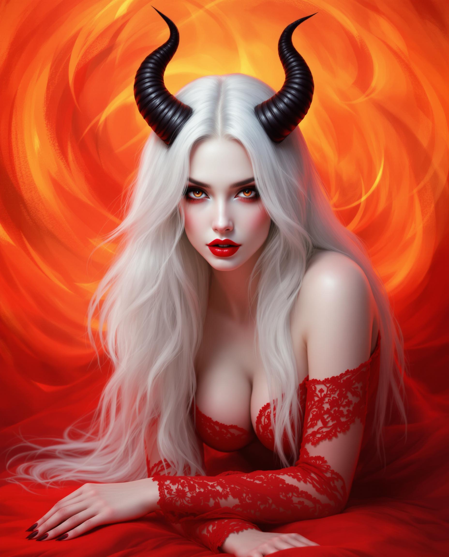 This is a realistic photo (photograph) of a female real person digital artwork that features a female figure with a striking appearance. The art style is reminiscent of fantasy or gothic genres, with a focus on detailed textures and a dramatic use of color.The medium appears to be digital painting, given the smooth gradients and the lack of brush strokes that are characteristic of traditional painting mediums. The lighting and shadows are expertly rendered, creating a sense of depth and realism.The colors in the image are bold and vibrant, with a predominance of reds and oranges that give the piece a fiery and intense atmosphere. The figures skin is a pale, almost translucent white, which contrasts sharply with the fiery background. The reds and oranges in the background are swirling and dynamic, suggesting movement and chaos.The figure has long, flowing hair that transitions from white at the roots to a deep black at the tips. The hair is adorned with two horns that curve upwards, adding to the gothic and fantastical elements of the image. The horns are also a deep black, matching the hair.The figure is wearing a red garment with lace detailing, which adds a touch of elegance to the otherwise fierce and dramatic aesthetic. The garment is sheer, allowing the figures pale skin to be visible underneath.The overall composition of the image is balanced and dynamic, with the figure positioned centrally against a swirling backdrop of red and orange hues. The figures pose is relaxed yet powerful, with one arm resting on the ground and the other bent at the elbow, palm facing upwards.In summary, this is a digital painting that captures the viewers attention with its bold colors, detailed textures, and the intriguing combination of gothic and fantasy elements. The artwork is a testament to the skill and creativity of the digital artist.