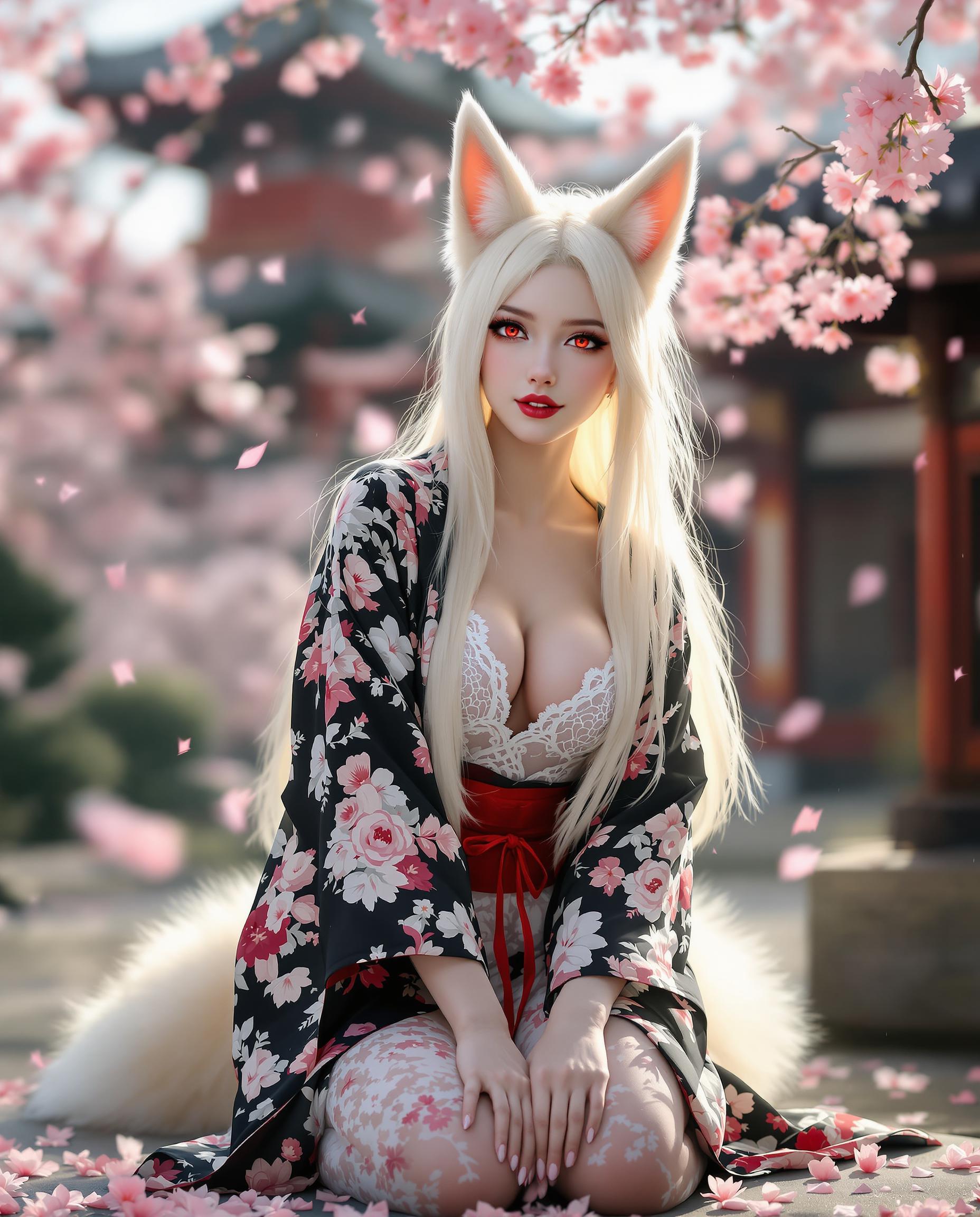 A photorealistic DSLR photo captures a stunning fox girl, blending human and animal traits, kneeling gracefully in a traditional Japanese garden during cherry blossom season. She wears a black and white floral kimono with red accents, the front slightly open to reveal a lace-detailed undergarment, while her long, flowing hair appears translucent and ethereal at the ends. With striking red eyes, foxlike ears tipped with white fur, and a curious, content expression, she is illuminated by soft, diffused lighting, with a gentle glow from her eyes and the falling pink blossoms, set against a backdrop of a traditional pagoda under a dreamy 8K cinematic lens.