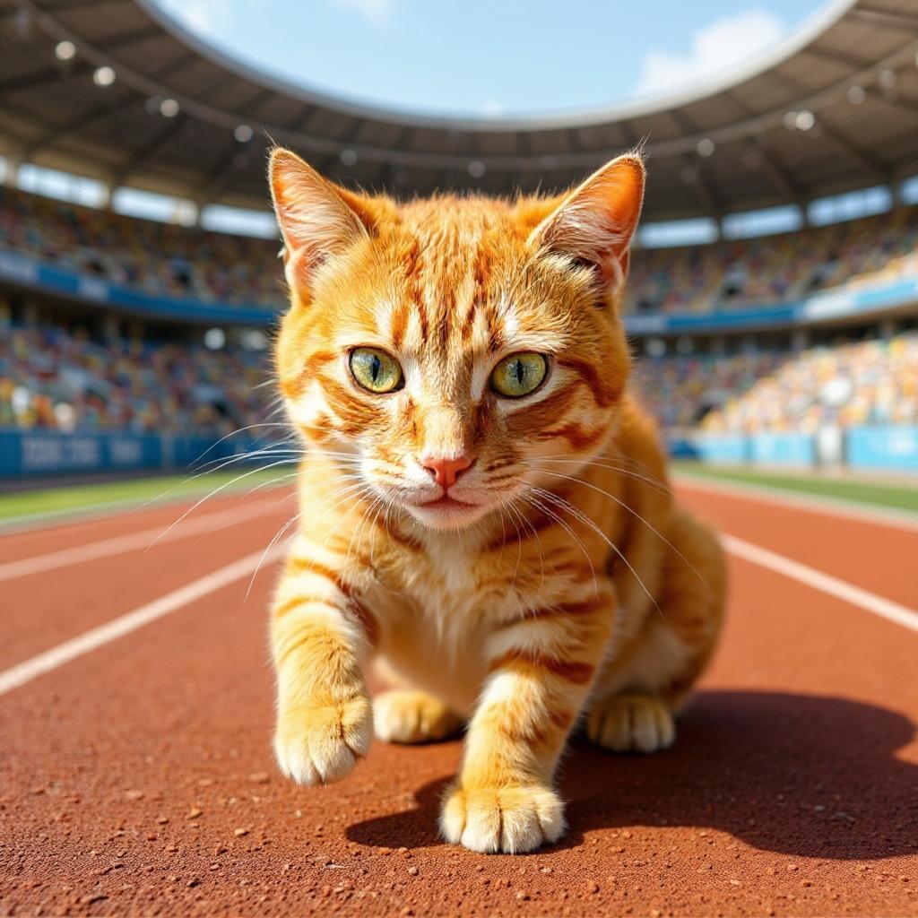 The cat is on a track at an olympic stadium (edited with Flux Kontext Pro)