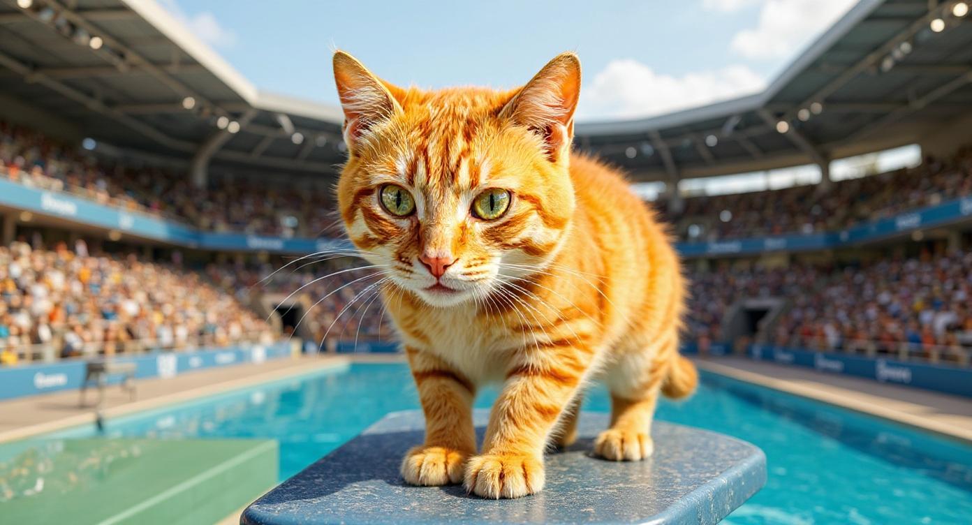 the cat is on a diving board in a an olympic stadium (edited with Flux Kontext Pro)