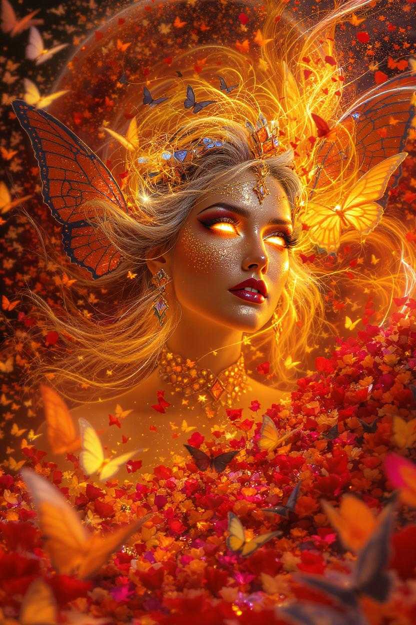 (A regal woman with glowing golden skin and eyes like embers emerges from a field of vivid butterflies, wings made of stained glass flutter around her), (background: swirling vortex of orange blossoms, fire petals and aurora streaks), (palette: fiery amber, deep crimson, electric violet, cobalt blue, tangerine gold), (textures: iridescent scales, metallic dust, velvet silk, soft light bloom), (sunset light explodes from behind, lens flare through wings), (hyper-detailed makeup, sharp facial features, no blur), (vibrant fantasy portrait with full-spectrum saturation) --v 7 --style raw --ar 4:5 --quality 2 --chaos 24 --stylize 990 --exp 90