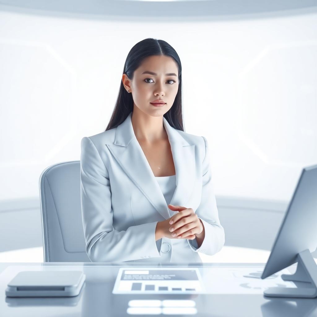 A poised female AI assistant in a minimalist white suit, seated at a sleek digital console with holographic task lists and data streams. Her posture is upright and composed, hands calmly folded or operating an interface. The background is a soft white glow with geometric symmetry—like an organized command center. Her expression is calm, focused, and precise. Dominant white palette with slight silver or transparent blue accents for a futuristic, clinical aesthetic.