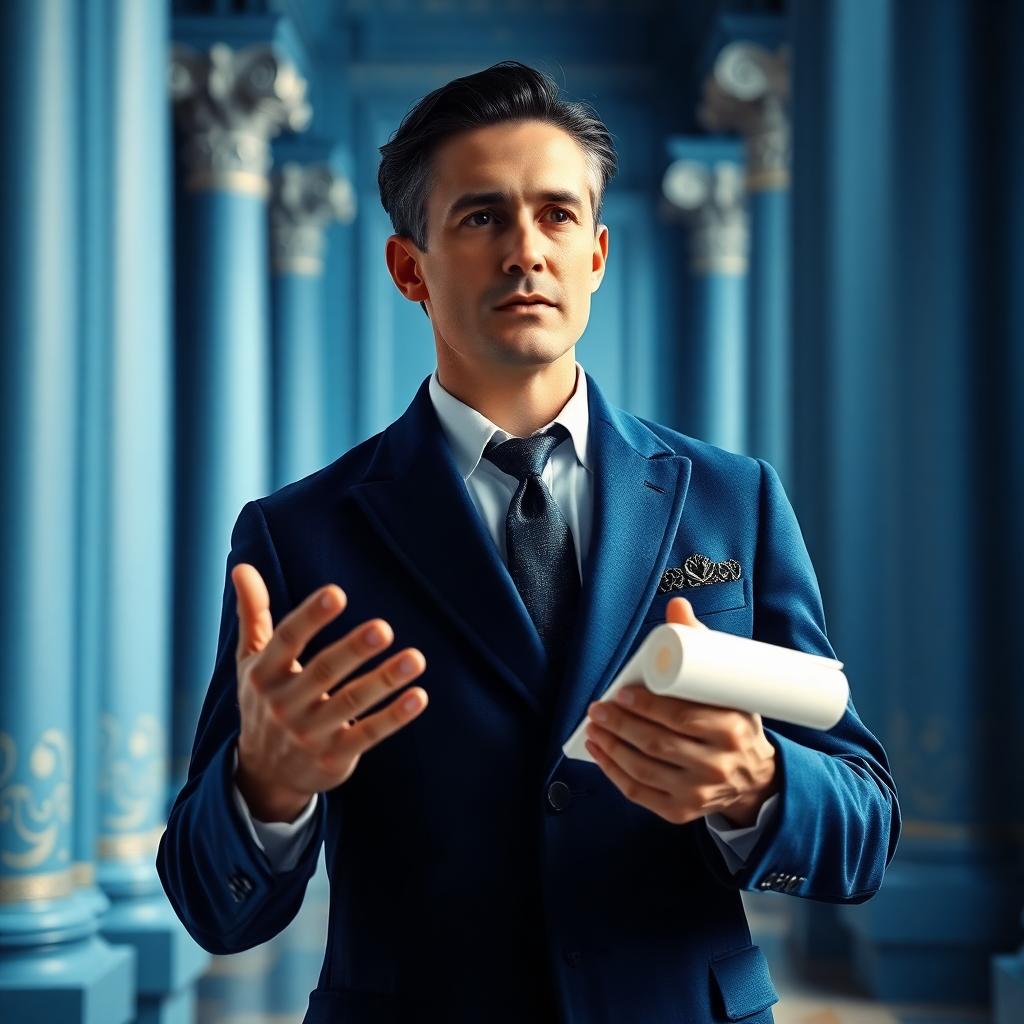 A refined male figure with a serene yet confident expression stands in a grand chamber, dressed in a tailored blue diplomat’s coat that exudes elegance. Surrounded by soft blue columns adorned with intricate scrollwork motifs, he gestures mid-speech with one hand while holding a stylized scroll or data tablet in the other. Cool, tranquil lighting bathes the scene in deep royal blues, enhancing the atmosphere of calm persuasion and wisdom in this cinematic, 8K DSLR composition.