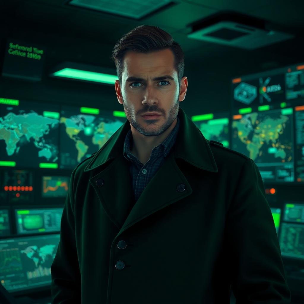 A stoic male intelligence agent in a forest-green trench coat, standing in a darkened intel control room filled with monitors, surveillance maps, and glowing data streams. His face is partially shadowed, eyes sharp and focused. One hand adjusts a headset or holds a data slate. The atmosphere is cool and analytical, with green highlights across tech displays and ambient lighting. The palette is deep green, black, and muted steel—evoking stealth, data, and calculated control.