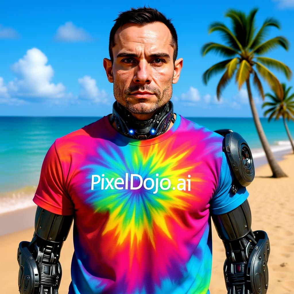 make the shirt ti-dye and the background is a sunny beach (edited with Flux Kontext Dev)