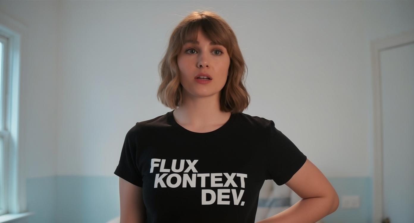 An image of a woman wearing a shirt that says FLUX KONTEXT DEV