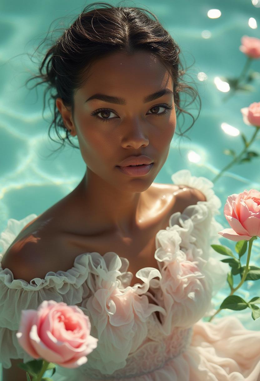 A hyperrealistic, high-resolution, professional studio quality, cinematic photo of artistic commercial fashion photography featuring a stunning close-up of a person, with flawless, smooth, golden-brown skin, partially submerged in serene, crystal-clear water, wearing a breathtaking, haute couture outfit crafted from delicate, translucent fabrics in soft, dreamy pastel hues of pale pink, baby blue, and mint green, showcasing intricate, floating ruffled textures that resemble delicate sea foam. Elegant, natural floral elements, including lush, vibrant green leaves and soft, pink, velvety roses, float effortlessly on the water's surface, adding a touch of whimsy and romance to the frame. Soft, diffused, golden lighting accentuates the luxurious fabric textures, the subject's refined, delicate facial features, and the subtle, natural makeup, while emphasizing the overall sense of refinement, sophistication, and high-end glamour, perfect for a luxurious brand promotion.