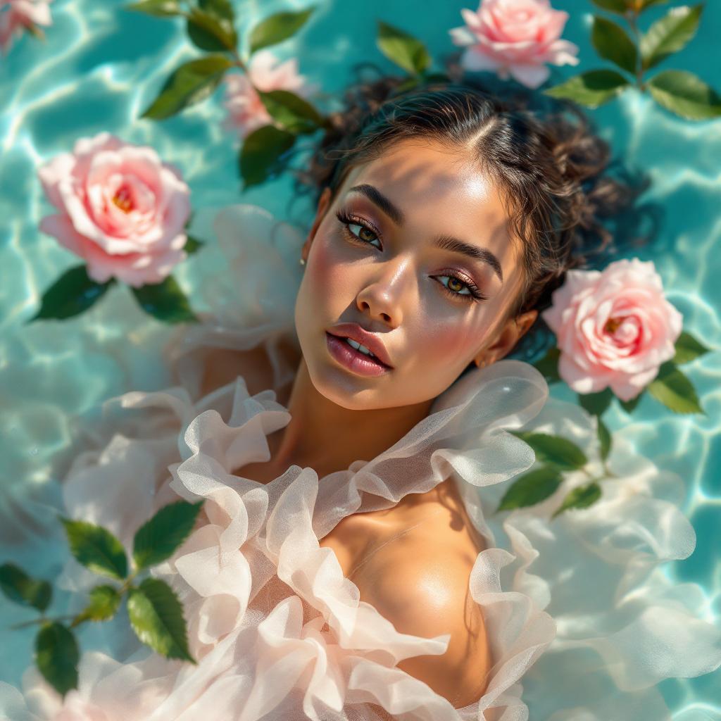 A hyperrealistic, high-resolution, professional studio quality, cinematic photo of artistic commercial fashion photography featuring a stunning close-up of a person, with flawless, smooth, golden-brown skin, partially submerged in serene, crystal-clear water, wearing a breathtaking, haute couture outfit crafted from delicate, translucent fabrics in soft, dreamy pastel hues of pale pink, baby blue, and mint green, showcasing intricate, floating ruffled textures that resemble delicate sea foam. Elegant, natural floral elements, including lush, vibrant green leaves and soft, pink, velvety roses, float effortlessly on the water's surface, adding a touch of whimsy and romance to the frame. Soft, diffused, golden lighting accentuates the luxurious fabric textures, the subject's refined, delicate facial features, and the subtle, natural makeup, while emphasizing the overall sense of refinement, sophistication, and high-end glamour, perfect for a luxurious brand promotion.