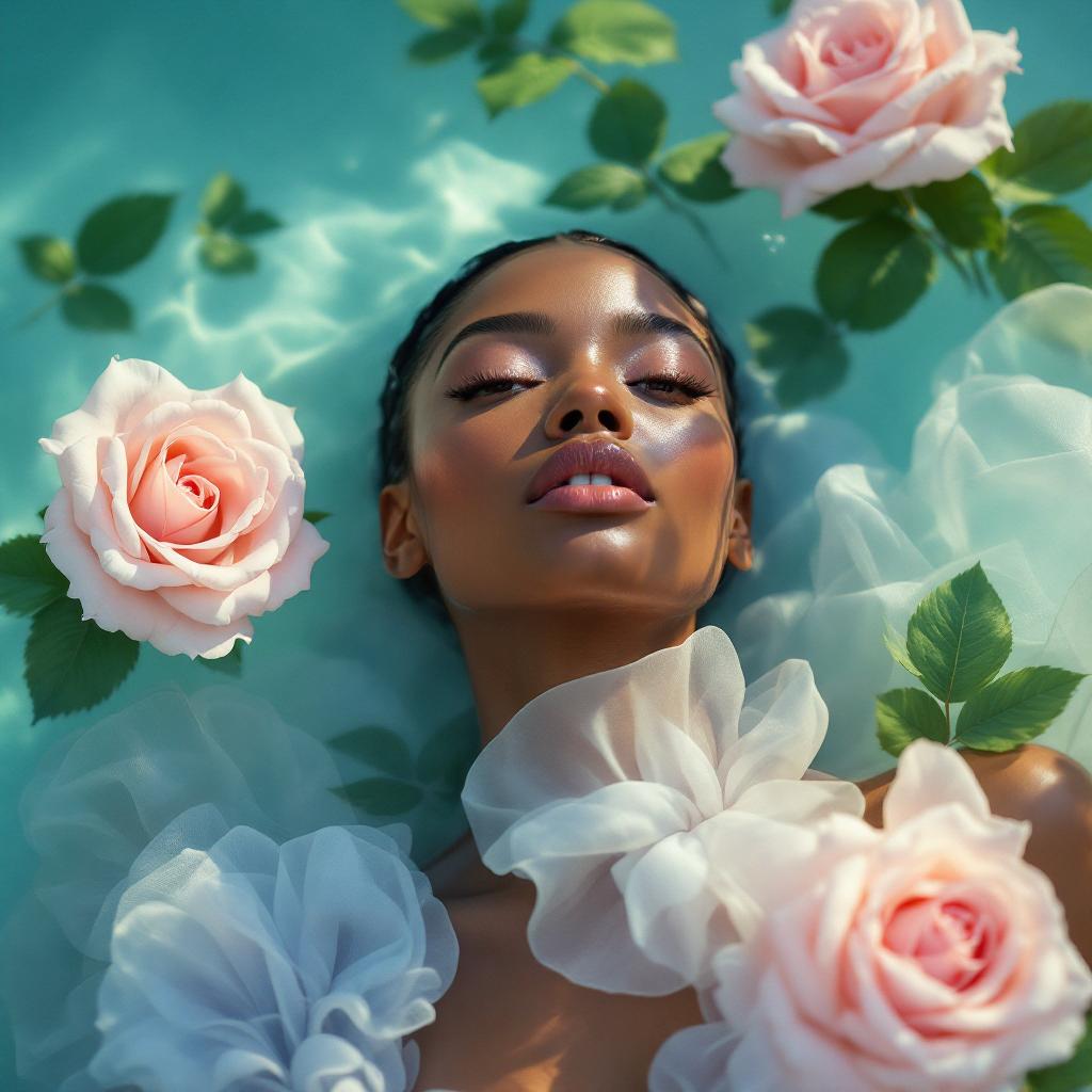 A hyperrealistic, high-resolution, professional studio quality, cinematic photo of artistic commercial fashion photography featuring a stunning close-up of a person, with flawless, smooth, golden-brown skin, partially submerged in serene, crystal-clear water, wearing a breathtaking, haute couture outfit crafted from delicate, translucent fabrics in soft, dreamy pastel hues of pale pink, baby blue, and mint green, showcasing intricate, floating ruffled textures that resemble delicate sea foam. Elegant, natural floral elements, including lush, vibrant green leaves and soft, pink, velvety roses, float effortlessly on the water's surface, adding a touch of whimsy and romance to the frame. Soft, diffused, golden lighting accentuates the luxurious fabric textures, the subject's refined, delicate facial features, and the subtle, natural makeup, while emphasizing the overall sense of refinement, sophistication, and high-end glamour, perfect for a luxurious brand promotion.
