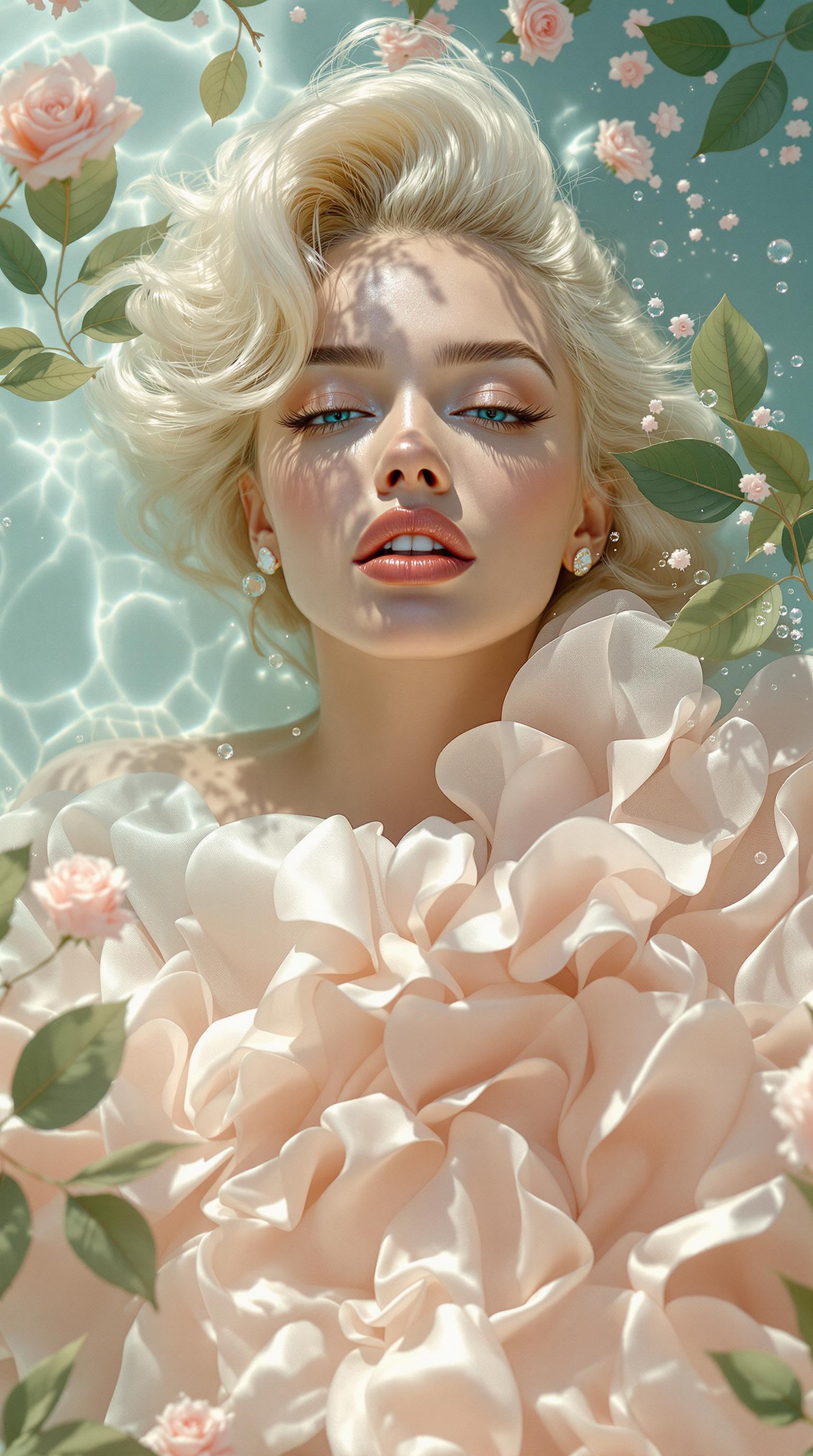 A hyperrealistic, high-resolution, professional studio quality, cinematic photo of artistic commercial fashion photography featuring a stunning close-up of "Marilyn Monroe"with flawless, smooth, golden-brown skin, partially submerged in serene, crystal-clear water, wearing a breathtaking, haute couture outfit crafted from delicate, translucent fabrics in soft, dreamy pastel hues of pale pink, baby blue, and mint green, showcasing intricate, floating ruffled textures that resemble delicate sea foam. Elegant, natural floral elements, including lush, vibrant green leaves and soft, pink, velvety roses, float effortlessly on the water's surface, adding a touch of whimsy and romance to the frame. Soft, diffused, golden lighting accentuates the luxurious fabric textures, the subject's refined, delicate facial features, and the subtle, natural makeup, while emphasizing the overall sense of refinement, sophistication, and high-end glamour, perfect for a luxurious brand promotion.
