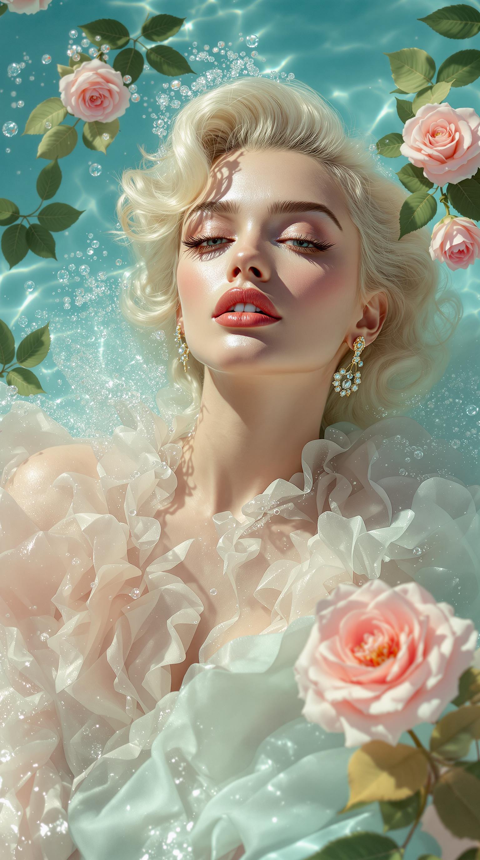 A hyperrealistic, high-resolution, professional studio quality, cinematic photo of artistic commercial fashion photography featuring a stunning close-up of "Marilyn Monroe"with flawless, smooth, golden-brown skin, partially submerged in serene, crystal-clear water, wearing a breathtaking, haute couture outfit crafted from delicate, translucent fabrics in soft, dreamy pastel hues of pale pink, baby blue, and mint green, showcasing intricate, floating ruffled textures that resemble delicate sea foam. Elegant, natural floral elements, including lush, vibrant green leaves and soft, pink, velvety roses, float effortlessly on the water's surface, adding a touch of whimsy and romance to the frame. Soft, diffused, golden lighting accentuates the luxurious fabric textures, the subject's refined, delicate facial features, and the subtle, natural makeup, while emphasizing the overall sense of refinement, sophistication, and high-end glamour, perfect for a luxurious brand promotion.