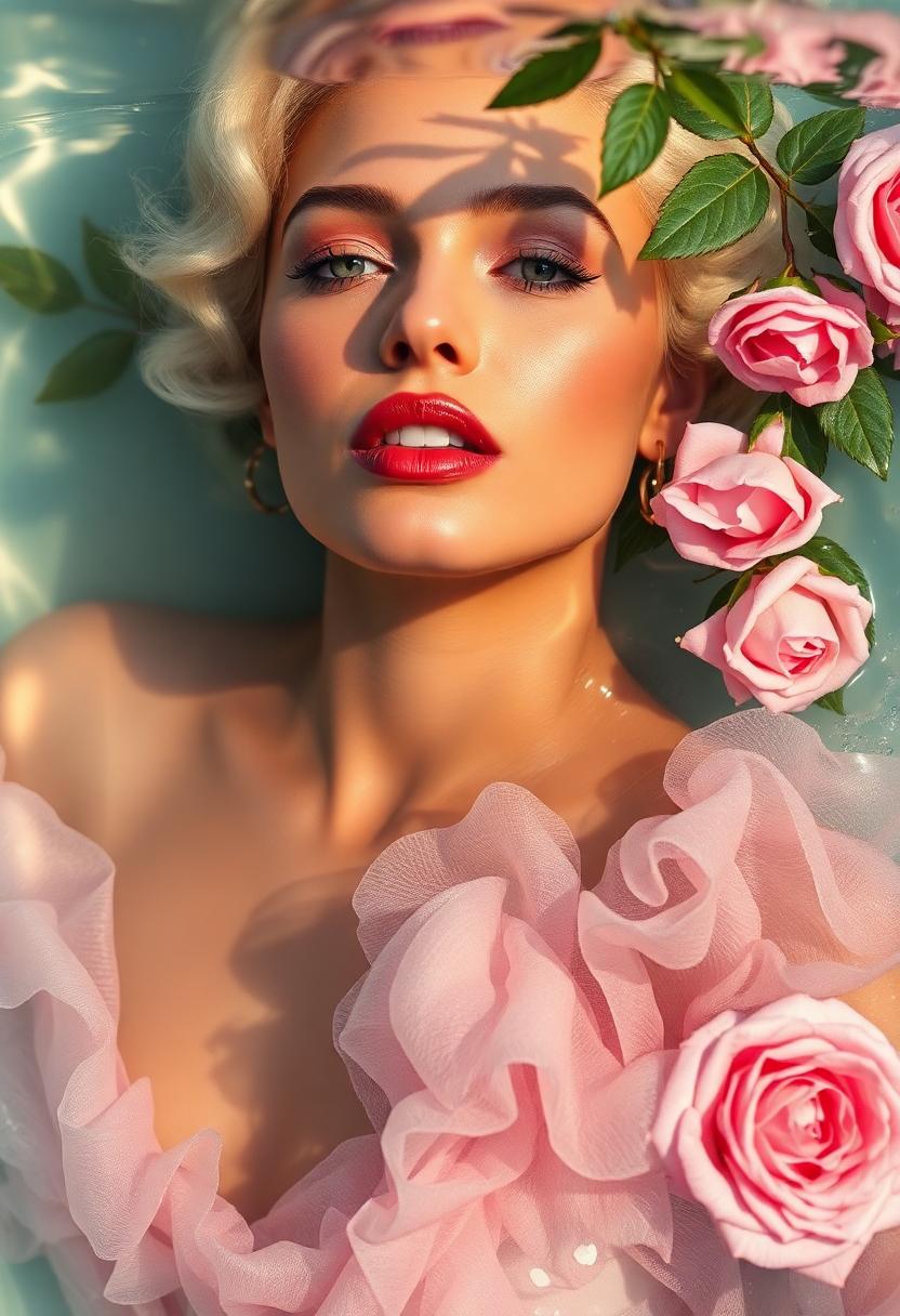 A hyperrealistic, high-resolution, professional studio quality, cinematic photo of artistic commercial fashion photography featuring a stunning close-up of "Marilyn Monroe"with flawless, smooth, golden-brown skin, partially submerged in serene, crystal-clear water, wearing a breathtaking, haute couture outfit crafted from delicate, translucent fabrics in soft, dreamy pastel hues of pale pink, baby blue, and mint green, showcasing intricate, floating ruffled textures that resemble delicate sea foam. Elegant, natural floral elements, including lush, vibrant green leaves and soft, pink, velvety roses, float effortlessly on the water's surface, adding a touch of whimsy and romance to the frame. Soft, diffused, golden lighting accentuates the luxurious fabric textures, the subject's refined, delicate facial features, and the subtle, natural makeup, while emphasizing the overall sense of refinement, sophistication, and high-end glamour, perfect for a luxurious brand promotion.