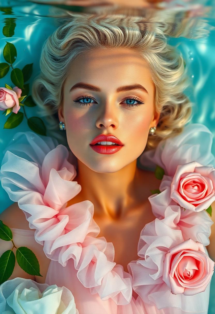 A hyperrealistic, high-resolution, professional studio quality, cinematic photo of artistic commercial fashion photography featuring a stunning close-up of "Marilyn Monroe"with flawless, smooth, golden-brown skin, partially submerged in serene, crystal-clear water, wearing a breathtaking, haute couture outfit crafted from delicate, translucent fabrics in soft, dreamy pastel hues of pale pink, baby blue, and mint green, showcasing intricate, floating ruffled textures that resemble delicate sea foam. Elegant, natural floral elements, including lush, vibrant green leaves and soft, pink, velvety roses, float effortlessly on the water's surface, adding a touch of whimsy and romance to the frame. Soft, diffused, golden lighting accentuates the luxurious fabric textures, the subject's refined, delicate facial features, and the subtle, natural makeup, while emphasizing the overall sense of refinement, sophistication, and high-end glamour, perfect for a luxurious brand promotion.