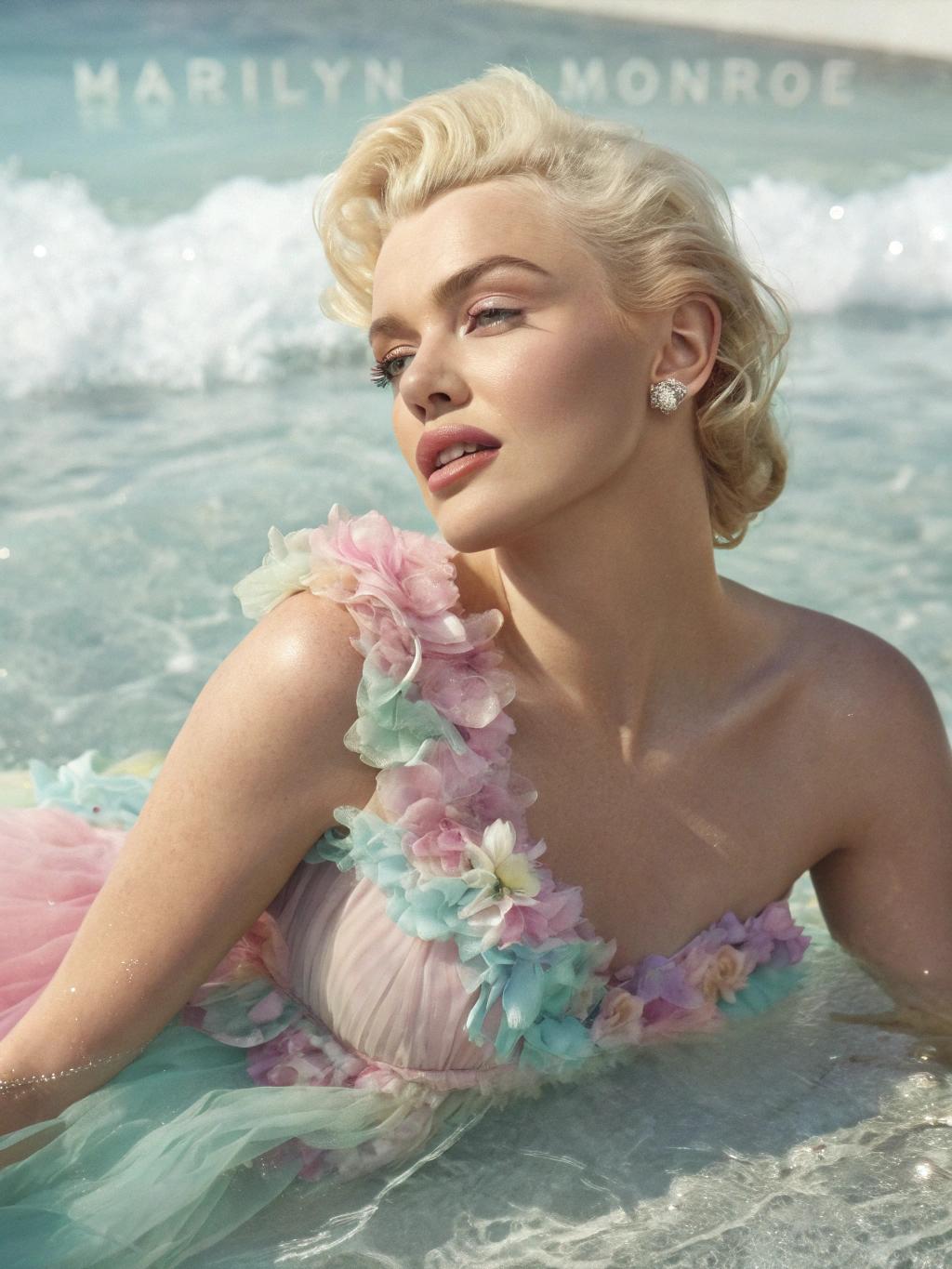 A hyperrealistic, high-resolution, professional studio quality, cinematic photo of artistic commercial fashion photography featuring a stunning close-up of "Marilyn Monroe"with flawless, smooth, golden-brown skin, partially submerged in serene, crystal-clear water, wearing a breathtaking, haute couture outfit crafted from delicate, translucent fabrics in soft, dreamy pastel hues of pale pink, baby blue, and mint green, showcasing intricate, floating ruffled textures that resemble delicate sea foam. Elegant, natural floral elements, including lush, vibrant green leaves and soft, pink, velvety roses, float effortlessly on the water's surface, adding a touch of whimsy and romance to the frame. Soft, diffused, golden lighting accentuates the luxurious fabric textures, the subject's refined, delicate facial features, and the subtle, natural makeup, while emphasizing the overall sense of refinement, sophistication, and high-end glamour, perfect for a luxurious brand promotion.