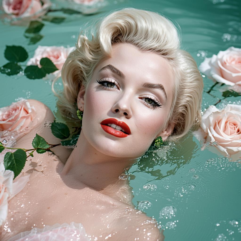 A hyperrealistic, high-resolution, professional studio quality, cinematic photo of artistic commercial fashion photography featuring a stunning close-up of "Marilyn Monroe"with flawless, smooth, golden-brown skin, partially submerged in serene, crystal-clear water, wearing a breathtaking, haute couture outfit crafted from delicate, translucent fabrics in soft, dreamy pastel hues of pale pink, baby blue, and mint green, showcasing intricate, floating ruffled textures that resemble delicate sea foam. Elegant, natural floral elements, including lush, vibrant green leaves and soft, pink, velvety roses, float effortlessly on the water's surface, adding a touch of whimsy and romance to the frame. Soft, diffused, golden lighting accentuates the luxurious fabric textures, the subject's refined, delicate facial features, and the subtle, natural makeup, while emphasizing the overall sense of refinement, sophistication, and high-end glamour, perfect for a luxurious brand promotion.