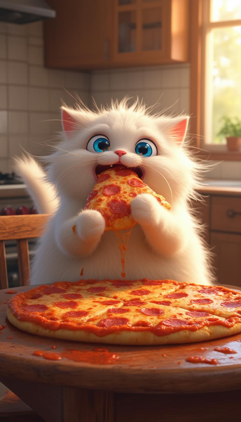 A round, fluffy white cat with big blue eyes and soft fur sits at a cozy wooden kitchen table. The cat excitedly eats a giant pizza with both paws, slurping pizza with joyful, exaggerated expressions. The camera captures close-ups of the cat's happy face, wide eyes, and messy mouth as sauce splashes around. The background features a warmly lit kitchen with vintage decor, wooden cabinets, and soft sunlight coming through a window. The cat’s body is chubby and cartoonishly cute, with small ears, tiny paws, and expressive movements while eating. Keep the animation style highly detailed, vibrant, and heartwarming, similar to Pixar or DreamWorks quality.
