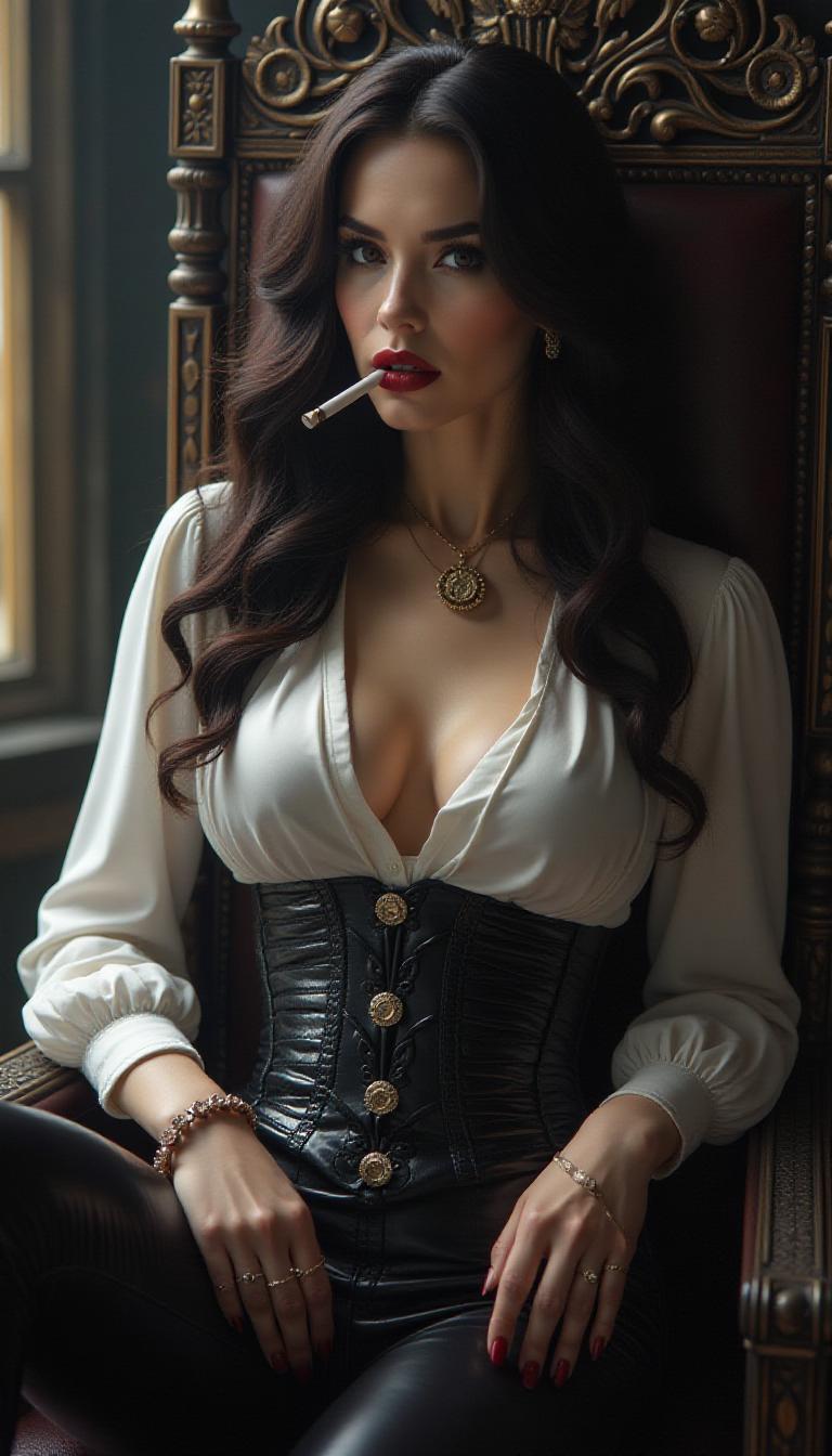 Luxurious dark brown hair, set in long and heavy waves, white latex blouse and black leather corset, unbuttoned in the front to reveal ample cleavage. Her dark eyes are. Right with confidence and cruelty. She leans against a wall in a throne room, smoking a long elegant cigarette. Dressed in tight and shiny black latex pants. Blood red lips and nails. A piercing in her lip, nose, eyebrow and multiple piercings in her ears