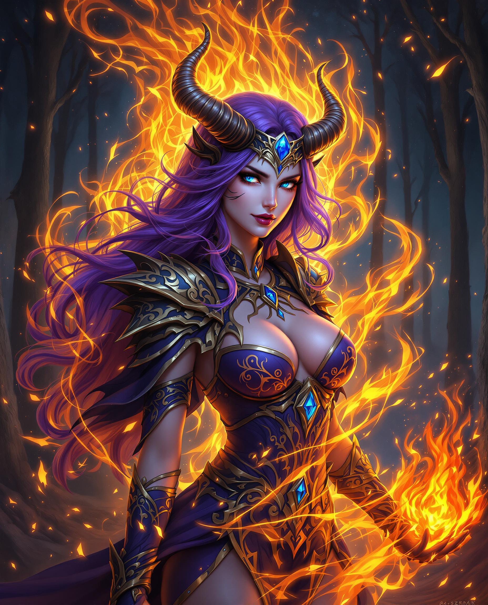 This is a realistic photo (photograph) of a female real person digital artwork that features a fantasy character. The art style is highly detailed and stylized, with a focus on vibrant colors and intricate patterns. The medium appears to be a digital painting, given the smooth blending of colors and the lack of texture that might be present in a traditional painting.The character is a female with flowing purple hair and piercing blue eyes. She has a regal bearing, accentuated by a headpiece with horns and a blue gemstone. Her attire is richly detailed, with a combination of feathers, leather, and metal, all adorned with patterns that echo the swirling designs on her skin and clothing. The colors in her outfit are primarily purples and blues, with touches of gold and black.She is surrounded by a magical aura, with flames and sparks floating around her. The flames are a vivid orange and yellow, with hints of red, creating a dynamic contrast against the cool tones of her skin and clothing. The sparks are small and numerous, adding to the sense of magic and energy in the scene.The background is a dark forest, with tall, slender trees that reach into the night sky. The trees are engulfed in flames, with the fire reflecting off the leaves and creating a warm, golden glow. The ground is covered in embers and ash, further emphasizing the magical and destructive power of the scene.Overall, the image is a stunning representation of fantasy art, with a focus on detailed characters, vibrant colors, and a sense of magic and power.